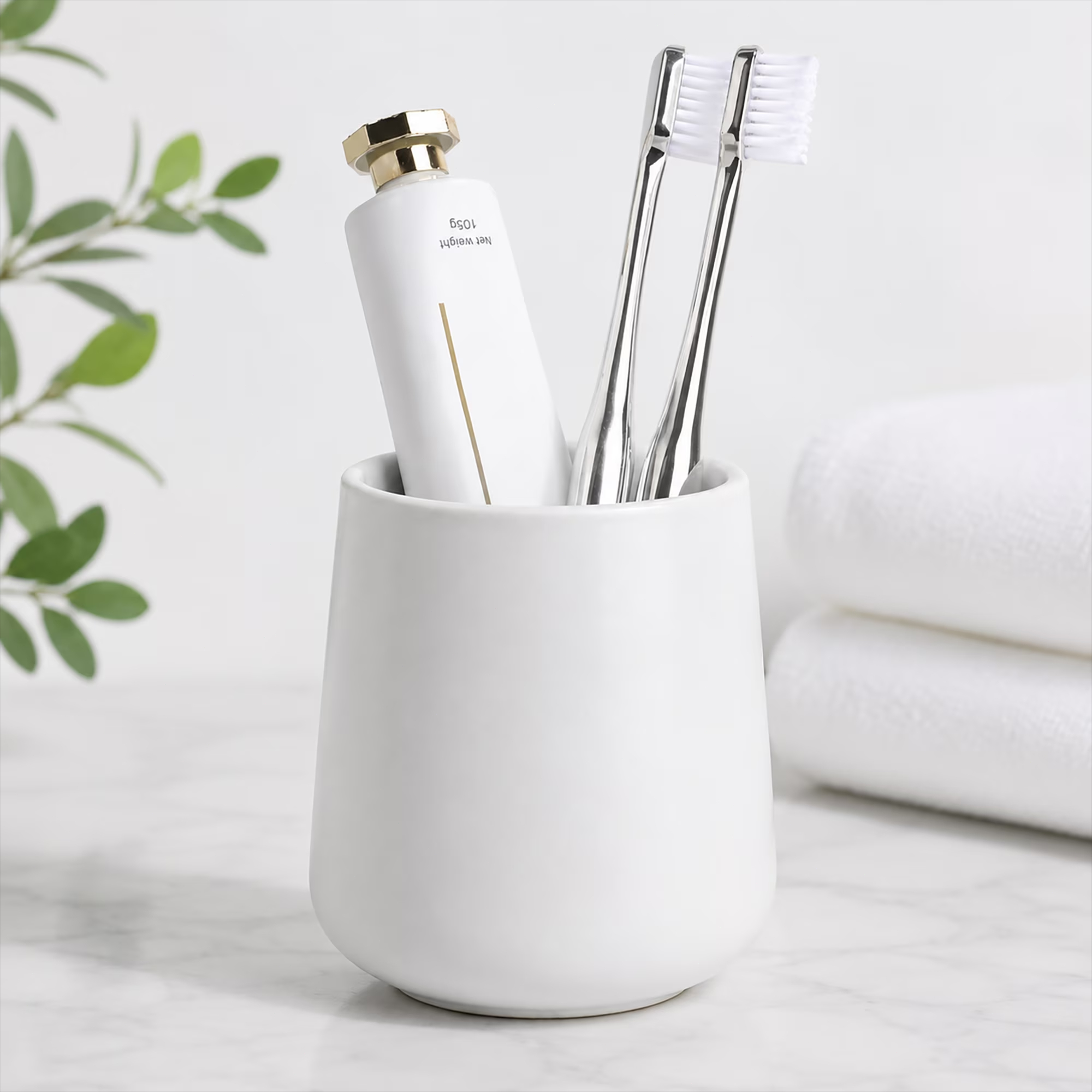 thumbnail video image 2 of BosilunLife Rounded Ceramic Toothbrush Holder for Bathroom Countertop, 14 fl oz Toothbrush and Toothpaste Holder, Matte White, 2 of 8