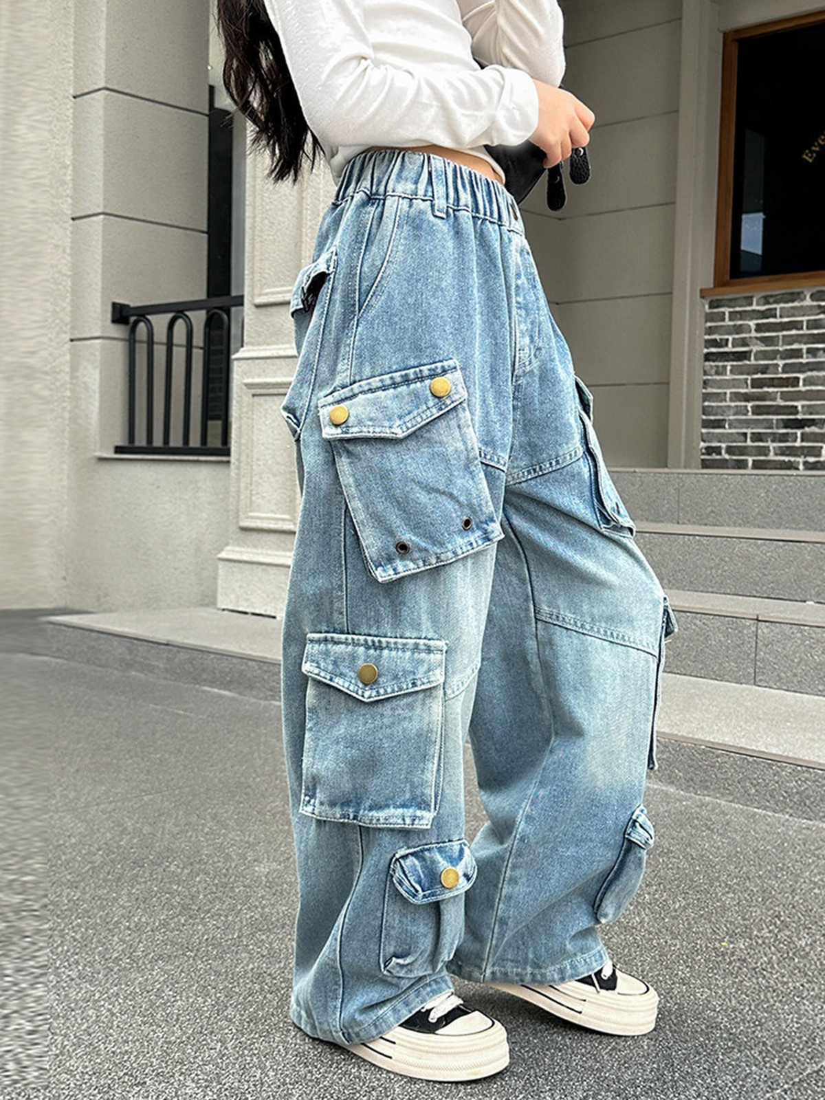 thumbnail video image 2 of WMQPNNS Girls Denim Pants Wide Leg Jeans with Pockets, Jeans for Girls Size 10 Elastic Waist Cute Heart Print Baggy Denim Pants Girls Clothing(Size 11-12 Years, Blue-4), 2 of 10