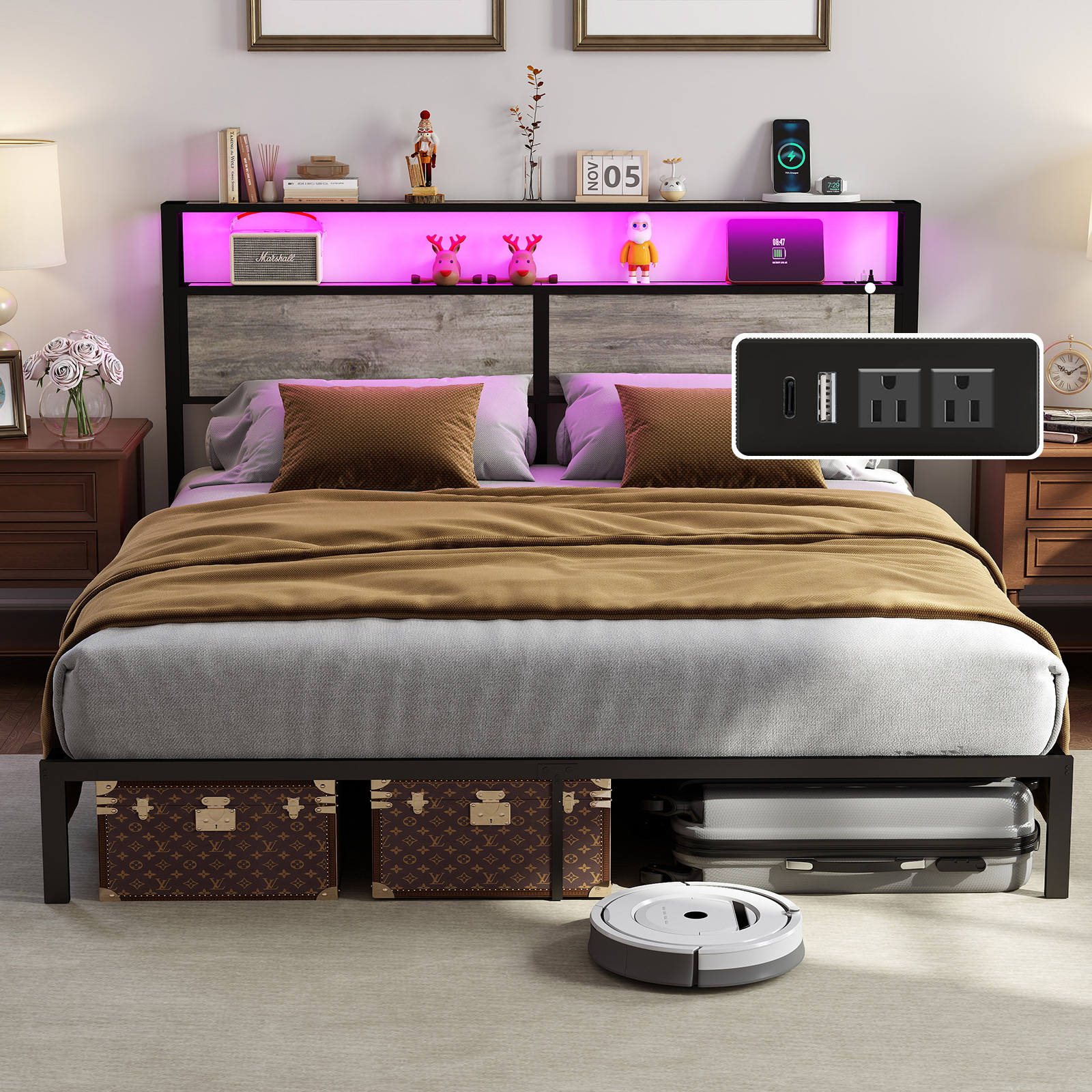 thumbnail video image 2 of DRNANLIT King Size Bed Frame with Headboard, RGB LED Lights & Charging Station, Metal Platform, Under Bed Storage, No Box Spring Needed, Easy Assembly, Rustic Grey, 2 of 8