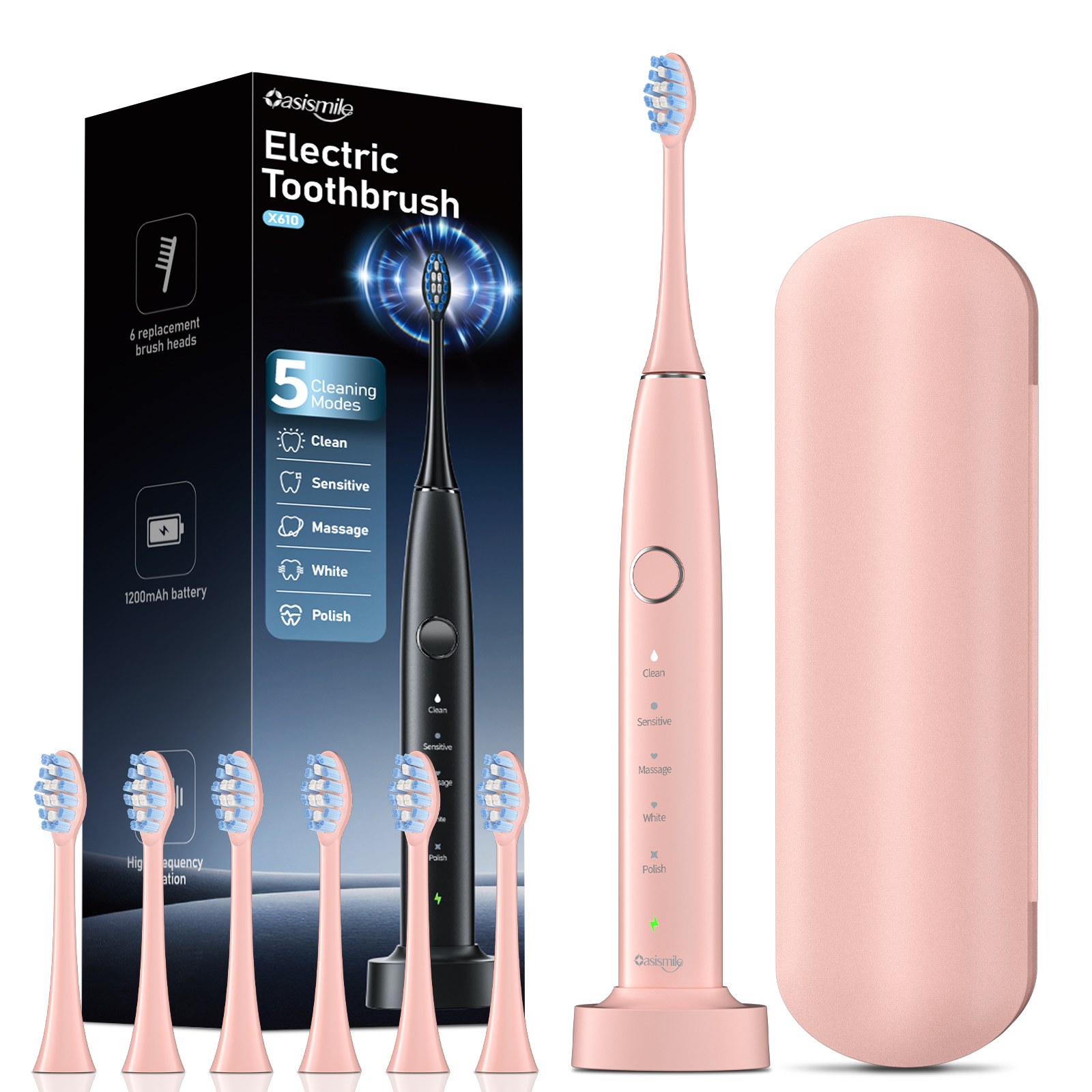 thumbnail video image 2 of OasiSmile Sonic Electric Toothbrush Set for Adults with Travel Case, 6 Brush Heads, 100-Day Battery Life, 5 Modes 42000 VPM Rechargeable Power Toothbrush, Pink, 2 of 8