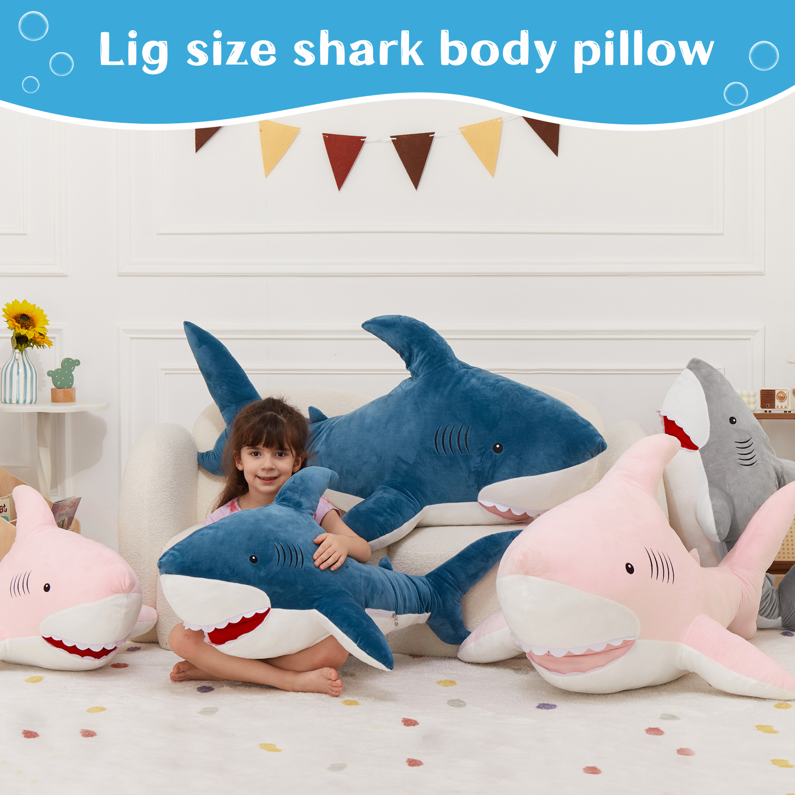 thumbnail video image 2 of MorisMos Giant Shark Stuffed Animal 51" Soft Shark Plush Pillow, 2 of 7