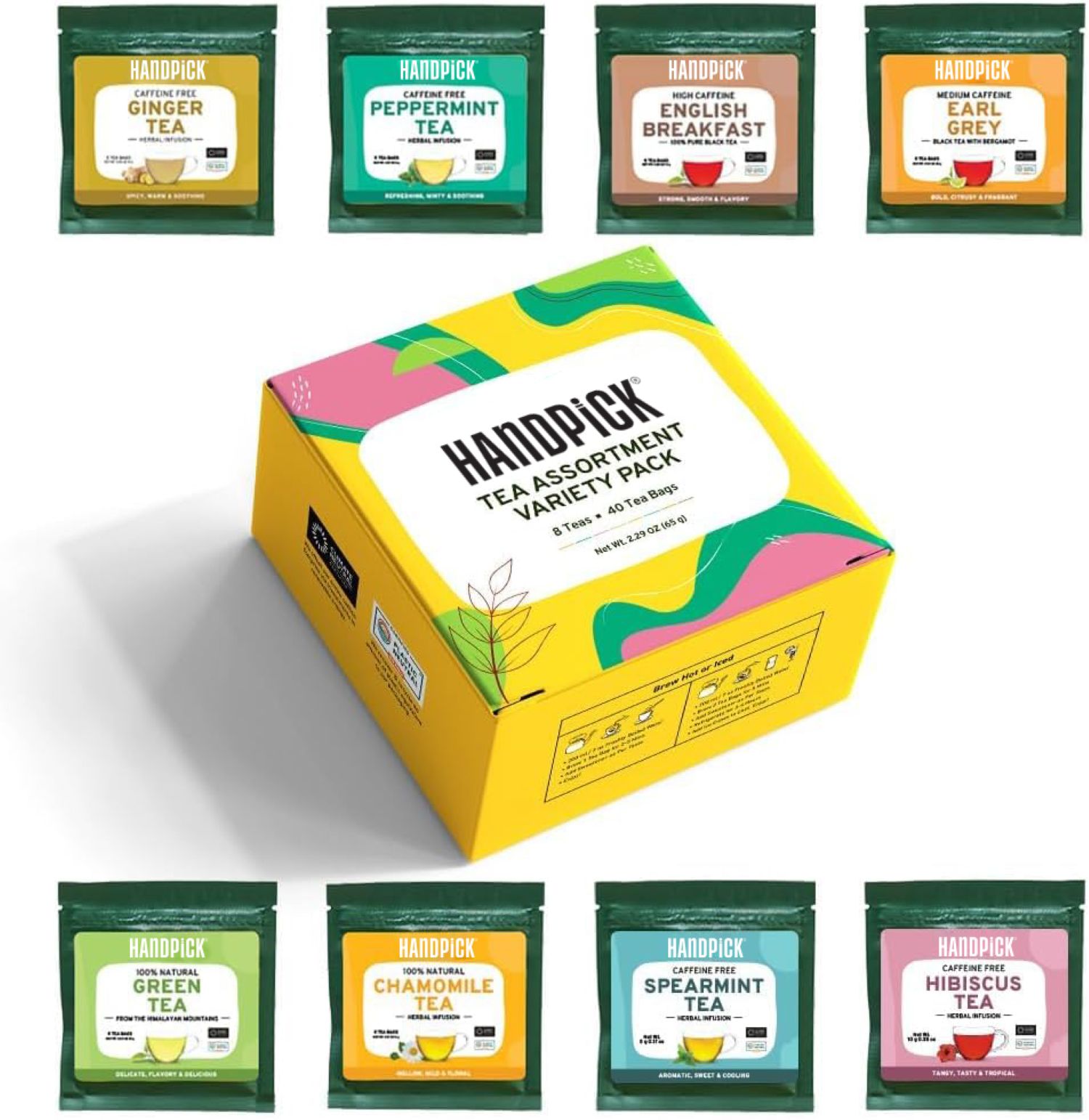 thumbnail video image 2 of HANDPICK,Tea Bags Sampler Assortment Variety pack Gift Box 8 Flavors,40 Tea Bags-Perfect Variety|English Breakfast,Green,Black,Herbal & MoreGifts for Him/Her|Sampler,Assortment,Variety pack,Gift Box, 2 of 11