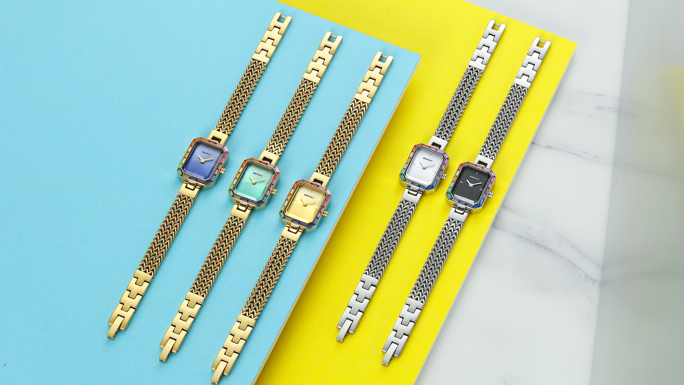 thumbnail video image 2 of BERNY Women's Silver Small Square Watch, Rainbow Diamond Bezel Square Dial Wristwatch, Stainless Steel Mesh Band, Quartz Movement, 3ATM Waterproof, Fashion Dress Watch for Ladies (Black), 2 of 12