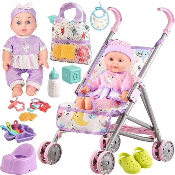 thumbnail video image 2 of Aijohnny Baby Doll Stroller Toys Set with 12" Baby Doll, Doll Accessories and 2 Sets Doll Clothes, Baby Doll Toys for Kids 3-8 Gifts, 2 of 9