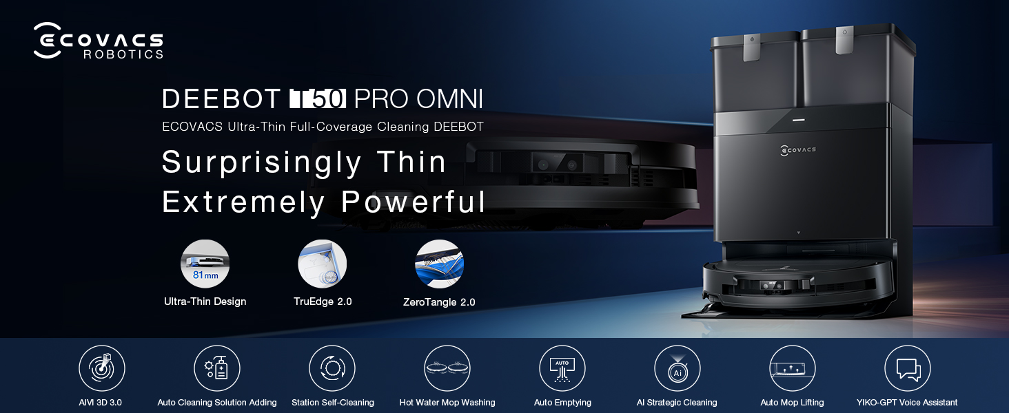 thumbnail video image 2 of ECOVACS DEEBOT T50 PRO Omni Robot Vacuum and Mop, 3.19” Ultra-Slim, 15,000Pa Suction, 2 of 11