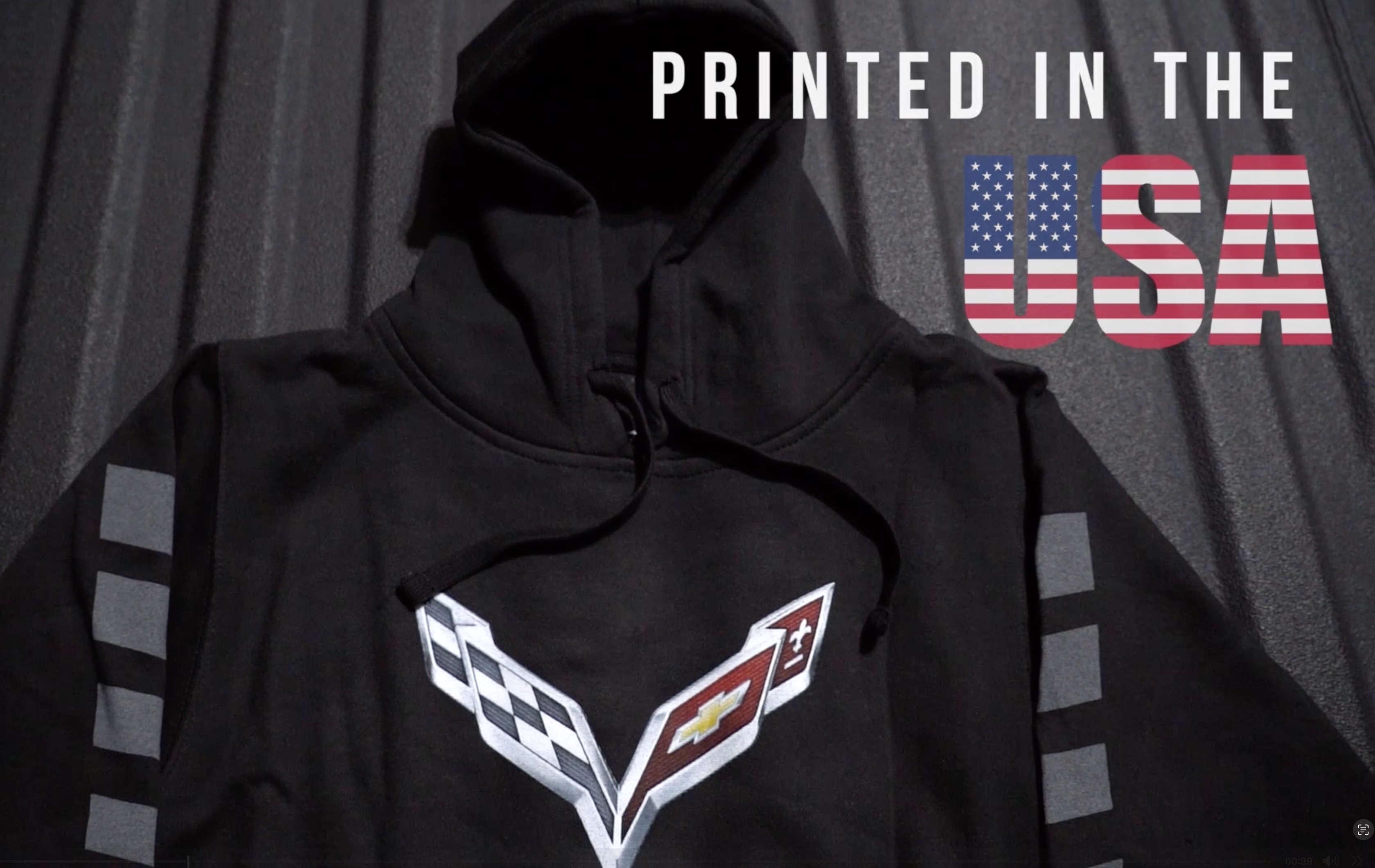thumbnail video image 2 of JH DESIGN GROUP Men's Chevy Corvette Pullover Hoodie with American Flag Sticker, 2 of 9