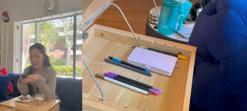 thumbnail video image 2 of Muwuele Rolling Side Table with Wheels, Solid Wood C-Shaped End Table with Adjustable Desktop, Coffee Sofa End Cart Laptop for Couch Living Room Bedroom, Natural, 2 of 11