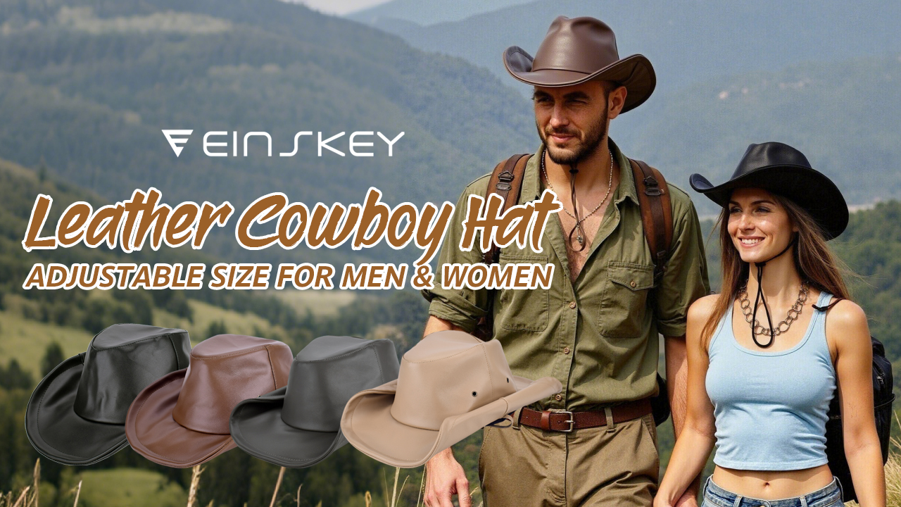 thumbnail video image 2 of EINSKEY Packable Cowboy Hat for Women Men, Shapeable Brim UPF50+ Sun Protection, Fedora Panama Western Style Leather Cowgirl Hat, 2 of 9