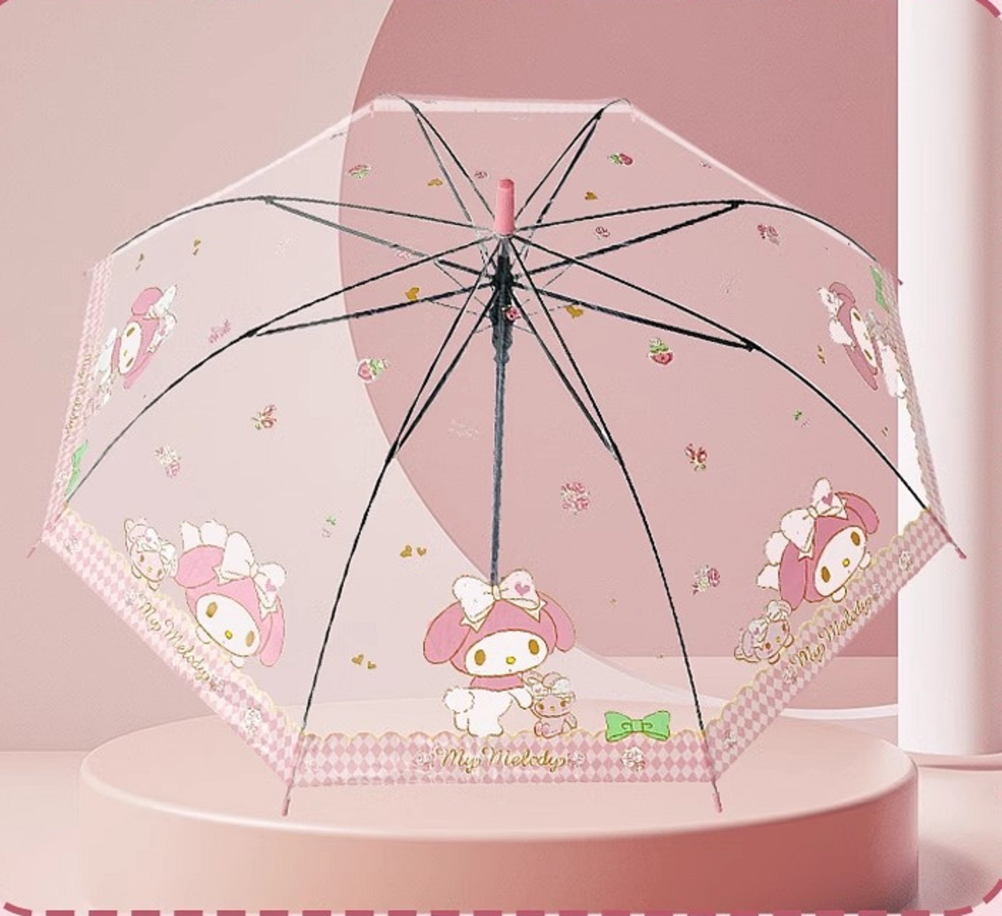 thumbnail video image 2 of Sanrio My Melody Kawaii Semi-Auto Transparent Cute Fashionable Dome-Shaped Vinyl Stick Umbrella, 2 of 7