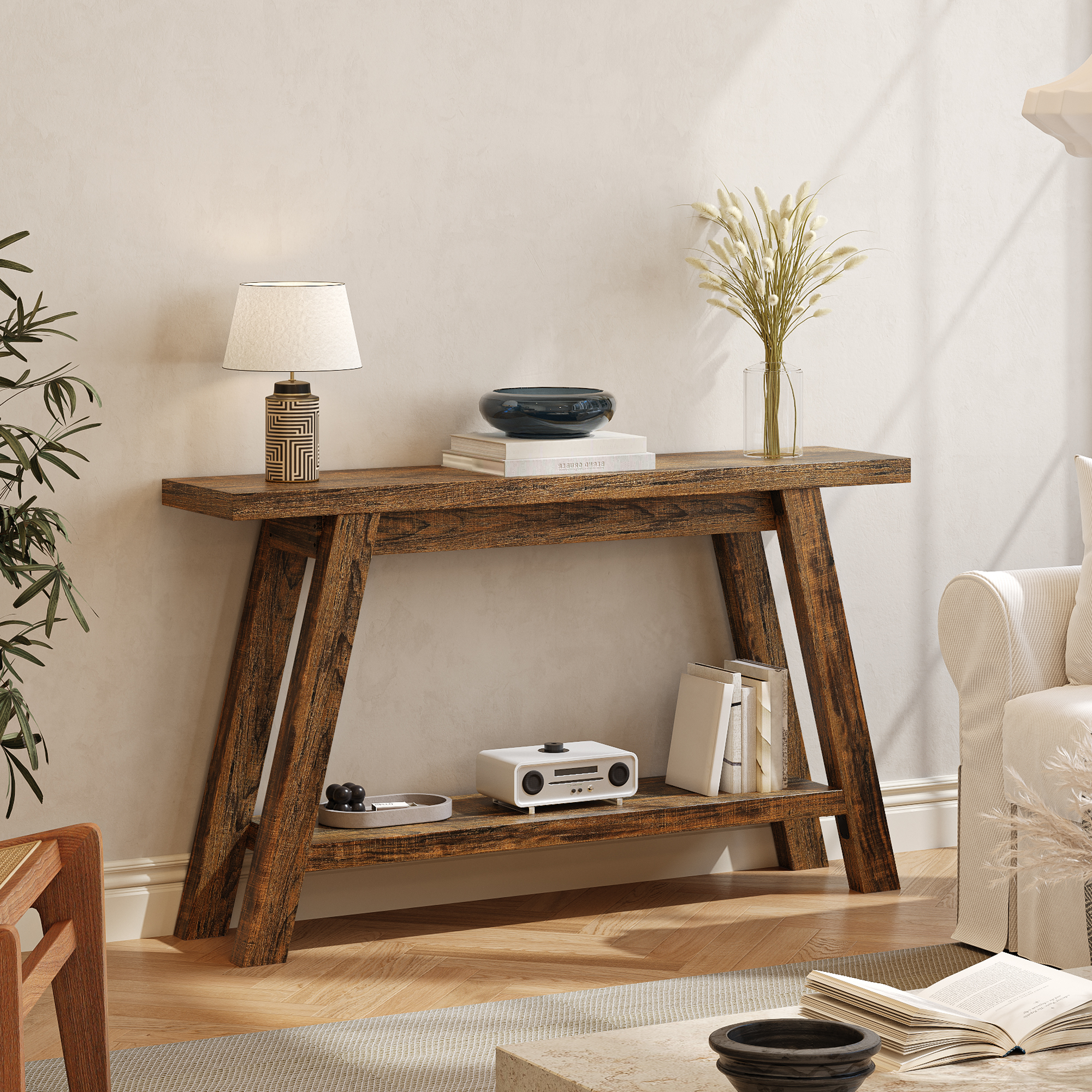 thumbnail video image 2 of 54" Farmhouse 2-Tier Console Table ,Wooden Entryway Sofa Table, Brown, 2 of 3