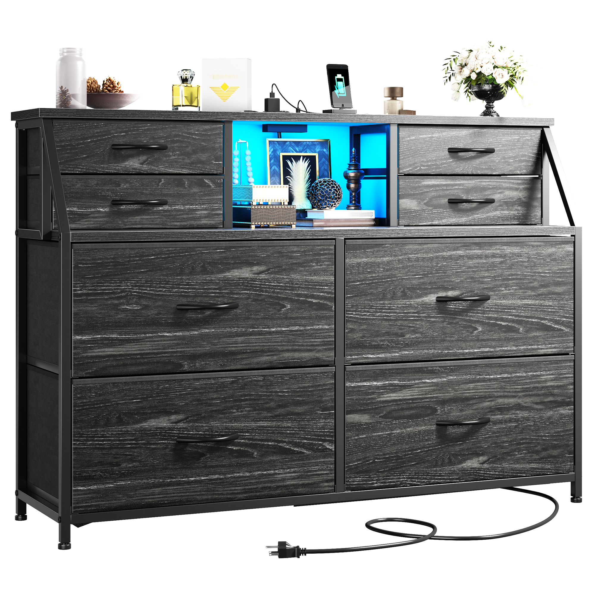thumbnail video image 2 of Romorgniz Dresser for Bedroom with 8 Fabric Drawers White Dresser with LED Lights & Charging Station & Open Shelf for Living Room and Entryway, 2 of 10