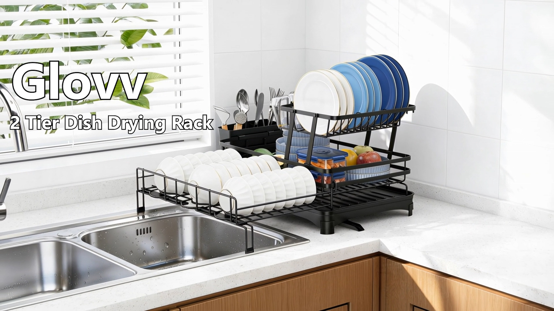 thumbnail video image 2 of Glovv 2-Tier Collapsible Over the Sink Dish Drying Rack, Kitchen Sink Organizer with Auto Drainage System, Dish Racks for Kitchen Counter with 4 Cup Holders,White, 2 of 9