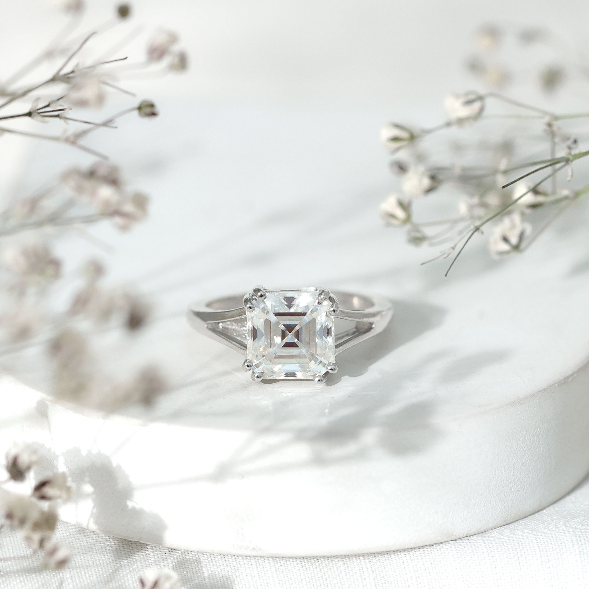 thumbnail video image 2 of Rosec Jewels Certified Moissanite Asscher Cut Engagement Ring 3 Carat - Split Shank Ring - 8 mm - D-VS1 Quality, 10K White Gold, US 13.00, 2 of 9