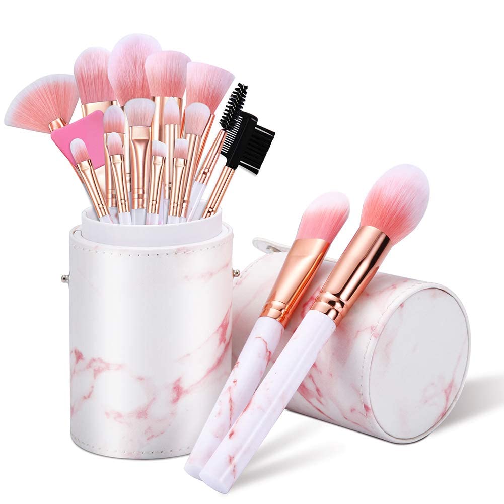 thumbnail video image 2 of DUAIU Makeup Brushes Sets 16PCS Pink Marble Make up Brushes Foundation Eyeshadow Concealer Eyebrow Blush Brush Set With Makeup Brush Holder and Silicone Mask Brush, 2 of 8