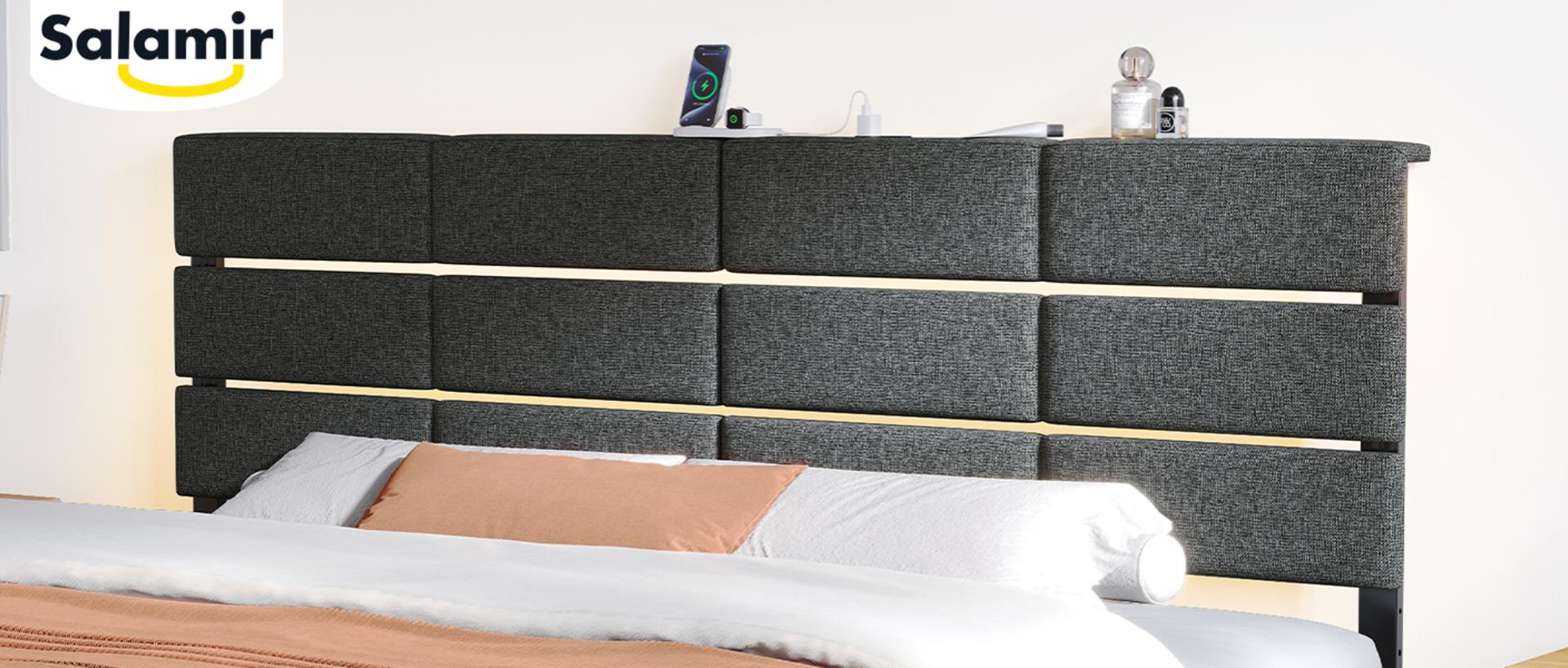 thumbnail video image 2 of Adjustable Upholstered Headboard for King/California King, RGB LED, Charging Station, Dark Grey, 2 of 10