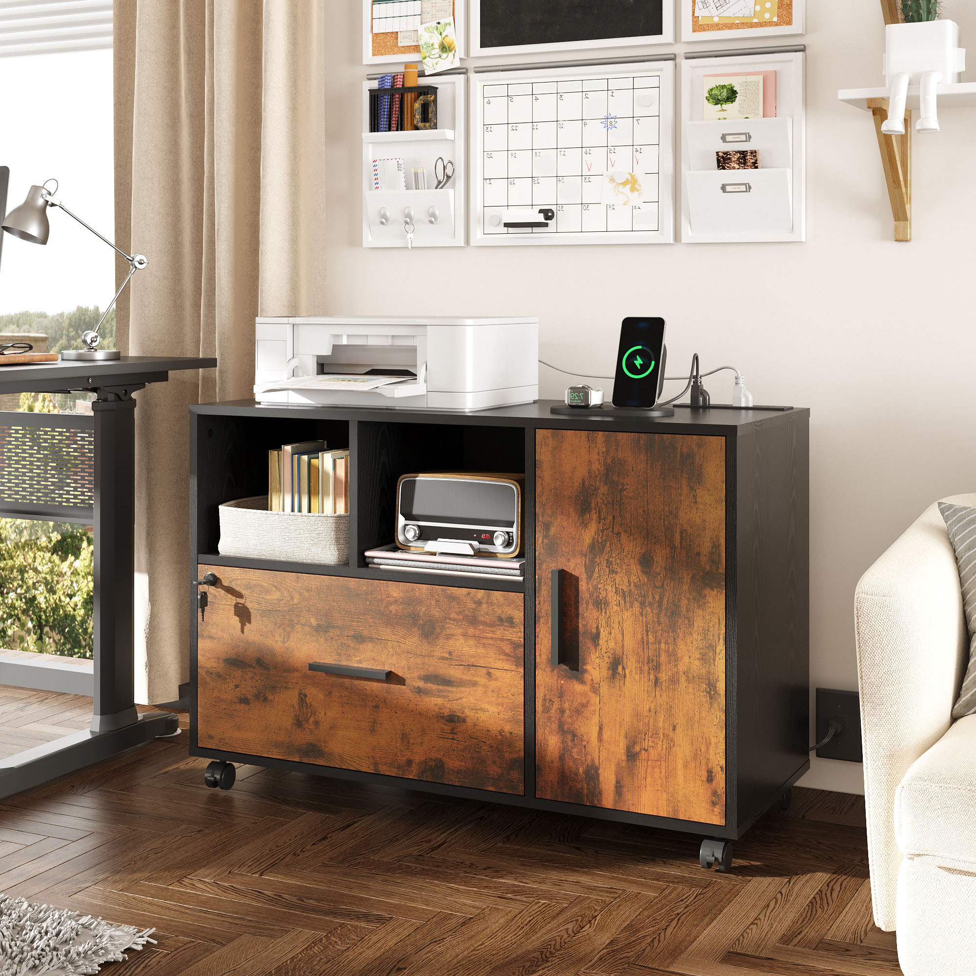 thumbnail video image 2 of GALAXHERO Wood File Cabinet with Lock and Charge Station, Mobile Printer Stand with Storage Shelves for Home Office, Rustic Brown, 2 of 6