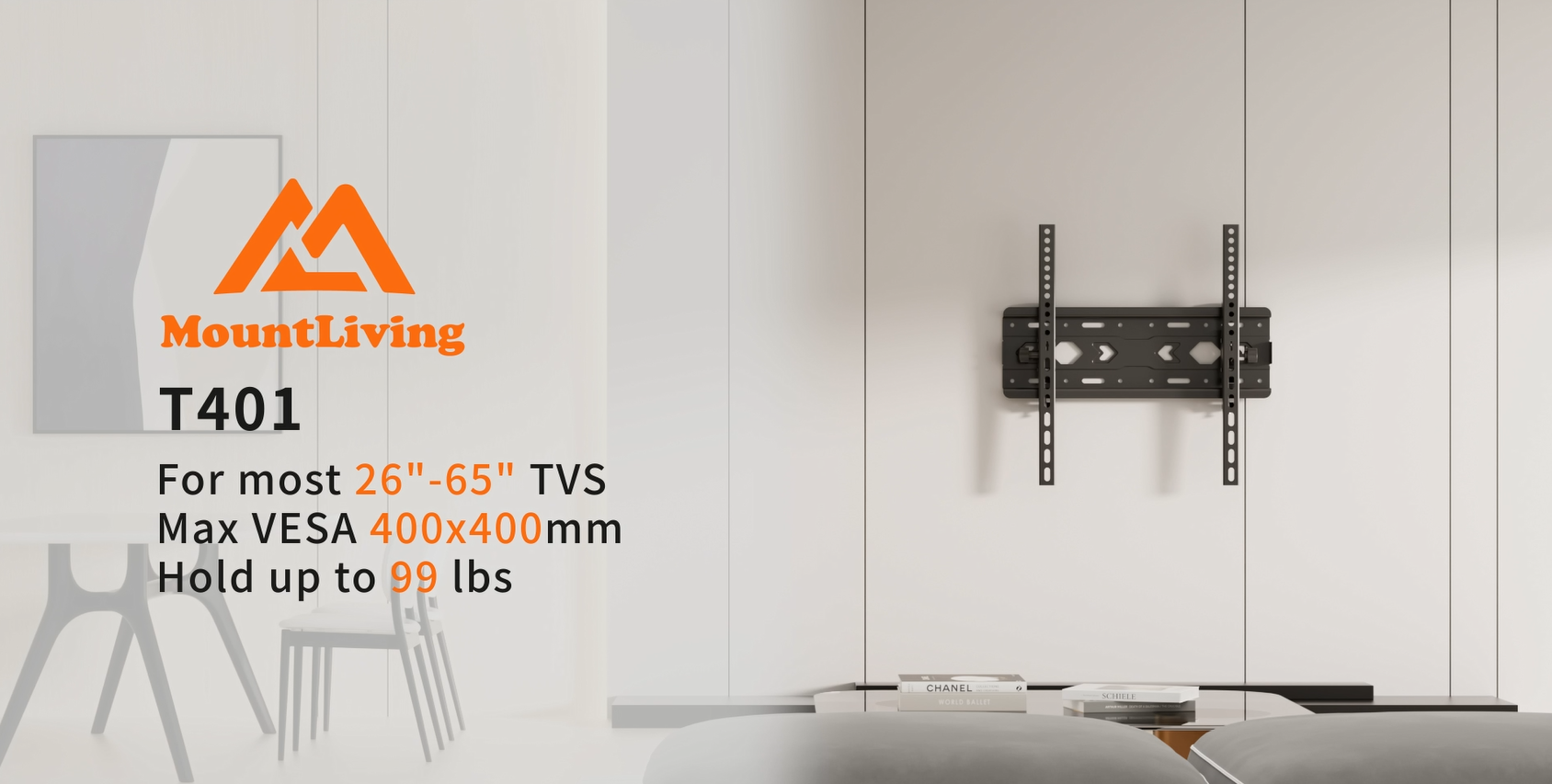 thumbnail video image 2 of MountLiving Tilting TV Wall Mount for 26"-65" TVs,Max 400x400mm VESA,Holds up to 99lbs,up to 8.5°Tilting,16'' Wood Stud, 2 of 8
