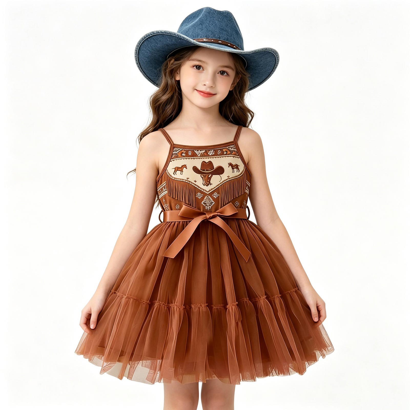 thumbnail video image 2 of Playtopia Big Girls Western Cowboy Print Spaghetti Strap Mesh Tutu Dress Brown Polyester Casual With Satin Waist Bow 1PC S-XXL Plus Size Friendly, 2 of 4