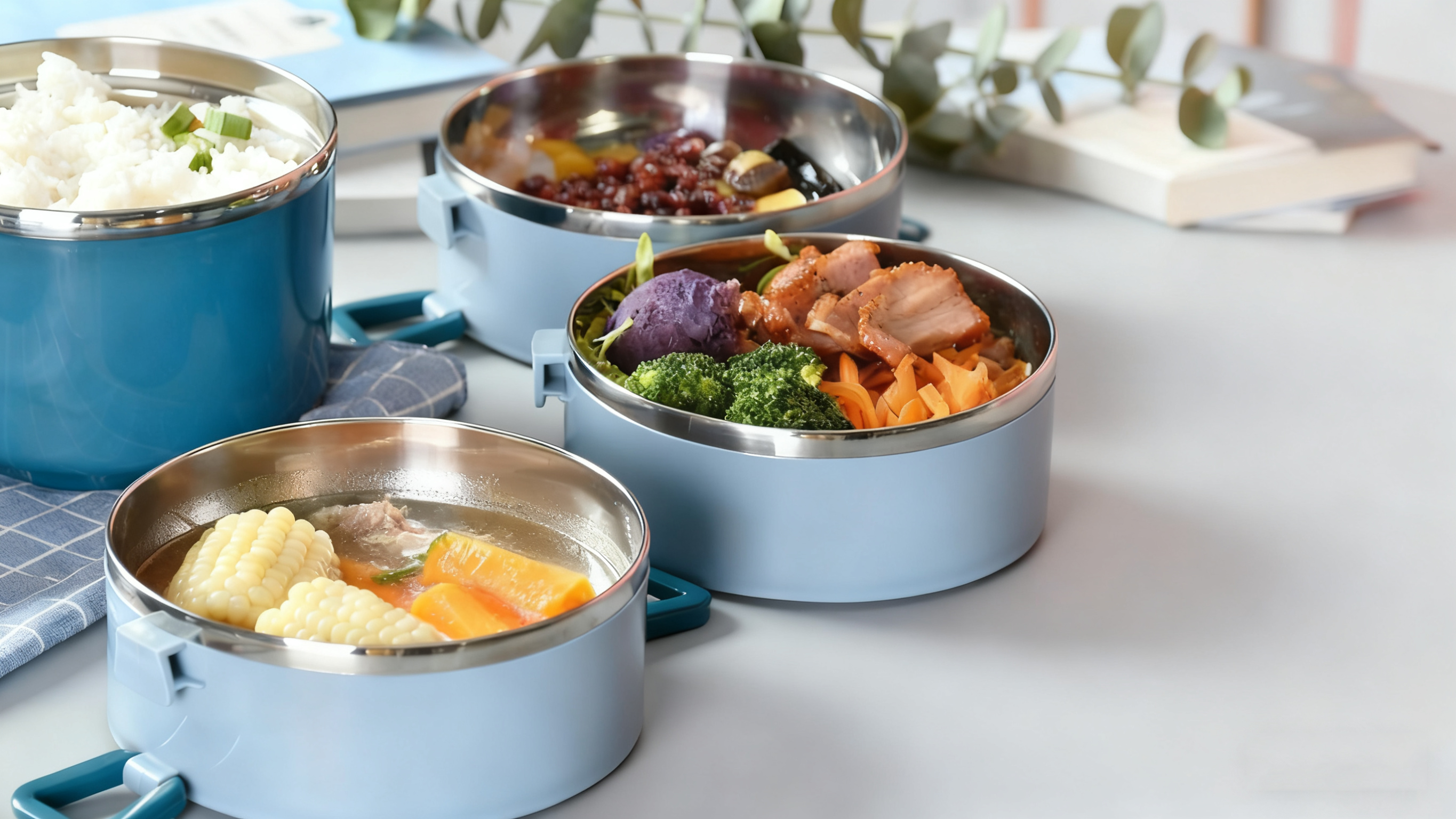 thumbnail video image 2 of SANQIAHOME 4 Tier Stackable Stainless Steel Lunch Box Sealed(blue, 4 layers) with spoon and fork, 2 of 8