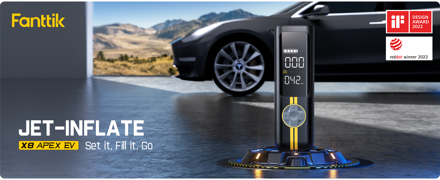 thumbnail video image 2 of Fanttik X8 APEX EV Tire Inflator Portable Air Pump, 2X Faster Inflation, 150PSI Cordless Air Compressor with Powerful Battery, Fits Electric Cars, Cars, Bikes, Motorcycles, Balls, Deluxe Package, 2 of 10