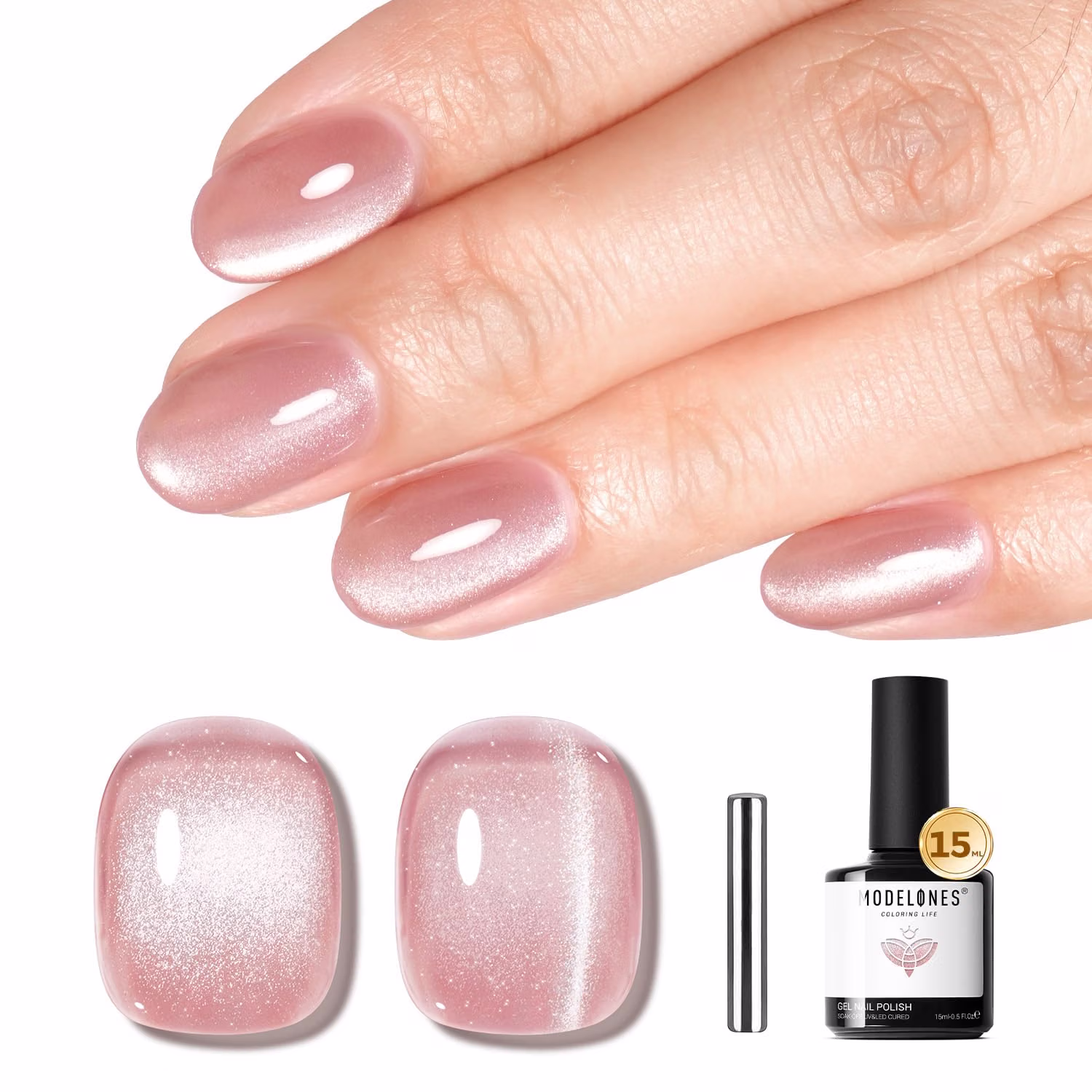thumbnail video image 2 of modelones Cat Eye Gel Nail Polish, 15 ML Pink Glass Cat Eye Gel Nail Polish with Magnet Spring White Silver Shimmer Soak Off Reflective Translucent Gel Magnetic Nail Polish for Women Girl, 2 of 10