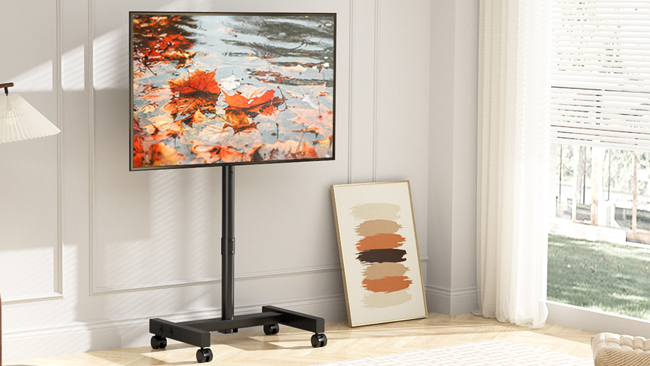 thumbnail video image 2 of RTVR Rolling TV Stand with Wheels for 13 to 50 inch Screens, Tilt Mobile Metal TV Stand with Mount, Black, 2 of 9