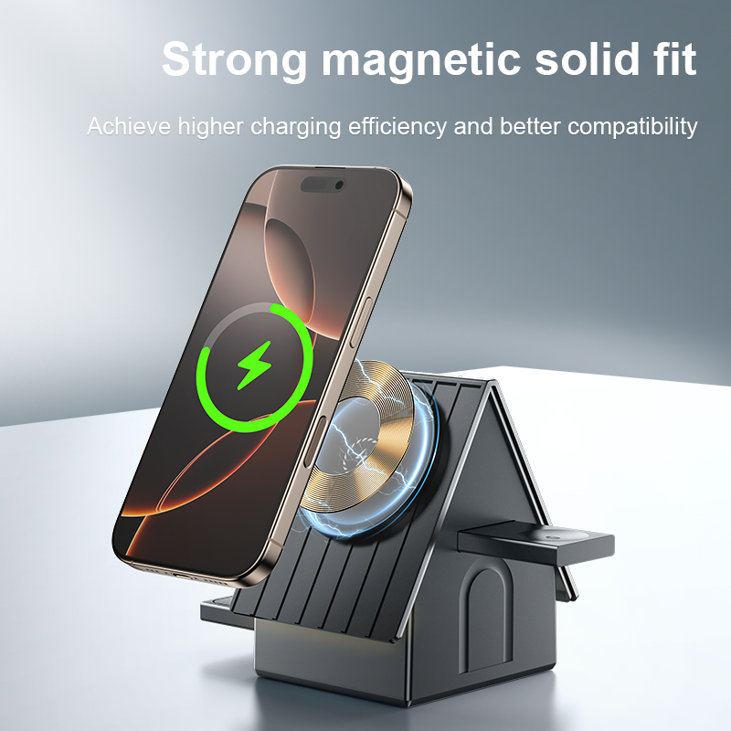 thumbnail video image 2 of 15W 3 in 1 wireless charging station For iPhone AirPods iWatch, Wireless Charger with house design, fast charging for Multiple Devices, 2 of 15