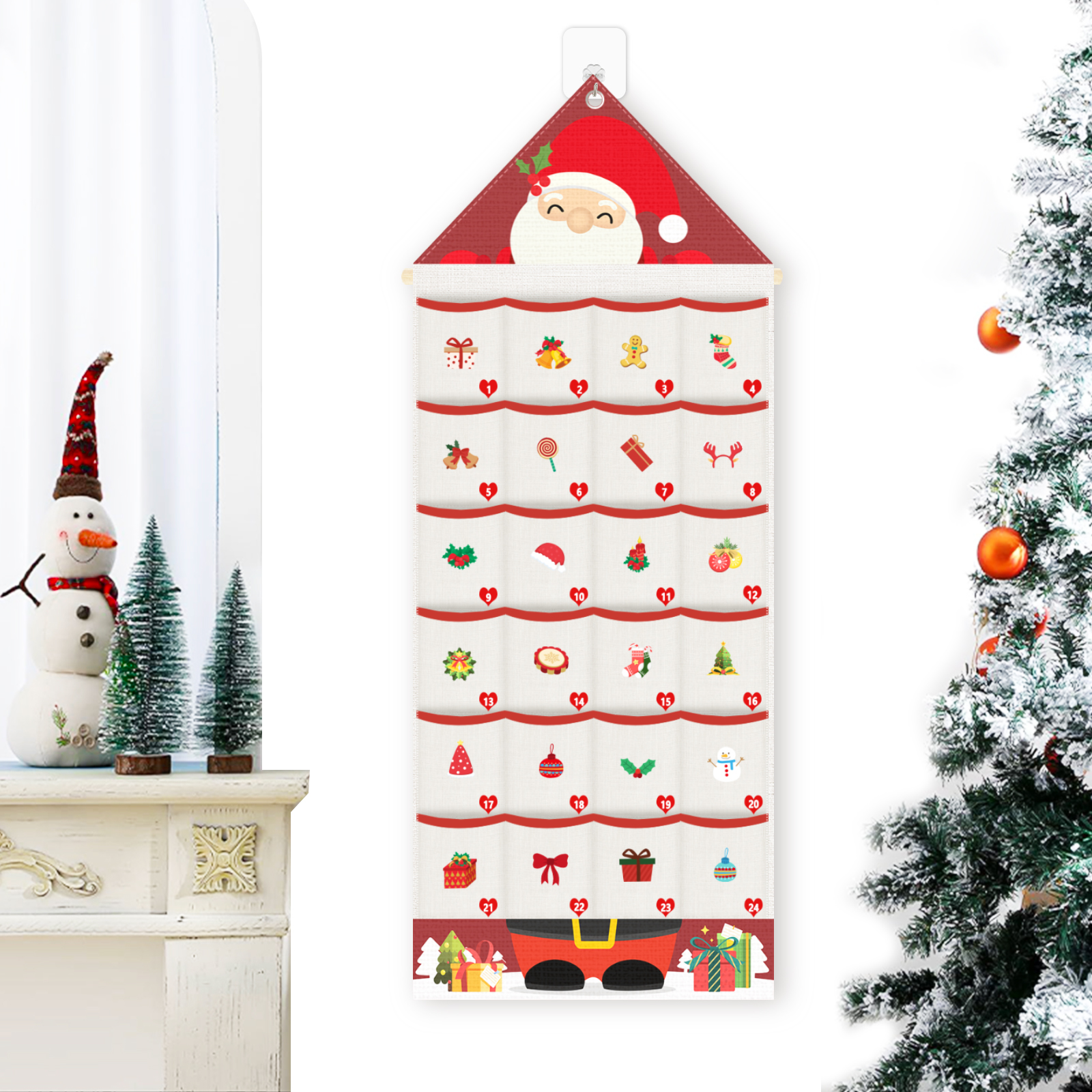 thumbnail video image 2 of Xugoox Christmas Advent Calendar with Pocket, Wall Hanging Bag for Home Christmas Countdown Decoration, Christmas Decoration (Red), 2 of 8