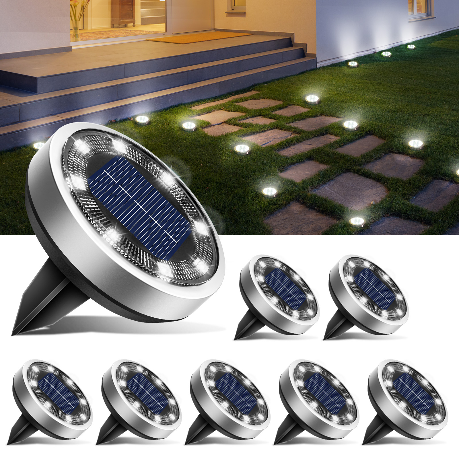 thumbnail video image 2 of 24 Pack Solar Ground Lights Outdoor - 8 LED Solar Pathway Lights with Auto On/Off, IP44 Waterproof, Warm White for Garden, Walkway, Driveway, Stairs & More, 2 of 12