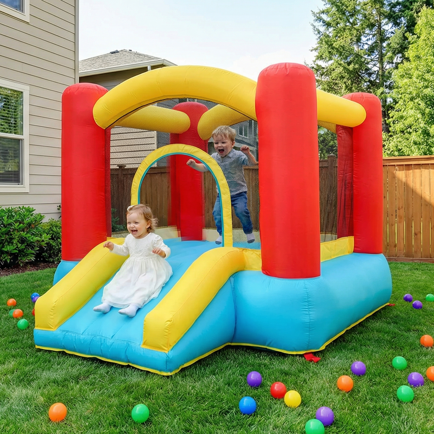 thumbnail video image 2 of Toiyjofe Toddler Bounce House with Slide, Small Indoor Inflatable Bouncer for Kids Ages 1–3, Compact Bounce Castle for Playroom, Living Room or Backyard, 2 of 8