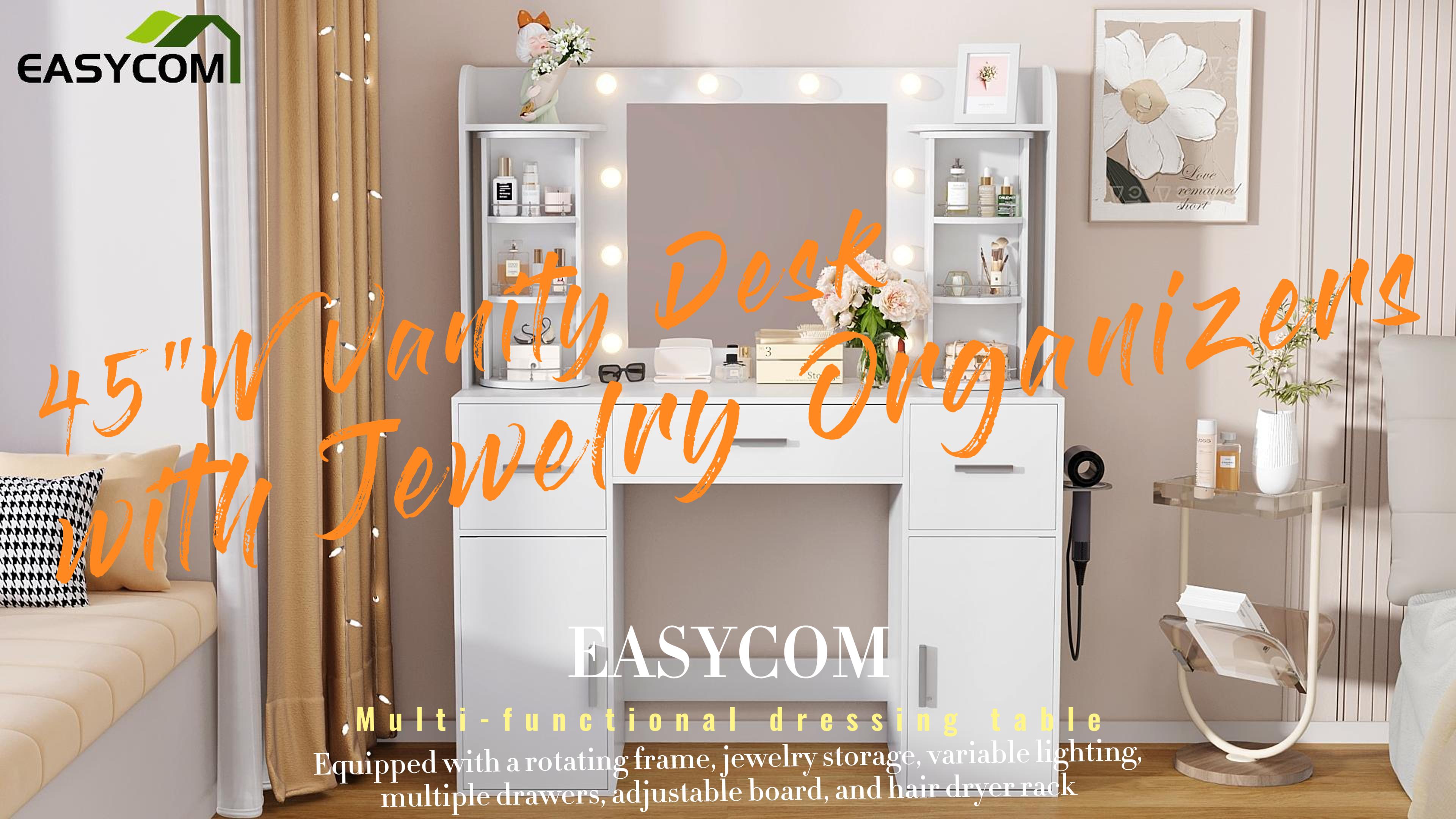 thumbnail video image 2 of POAO 45"W Vanity Desk with Rotating Jewelry Organizers, Makeup Vanity with Mirror &Lights, Dressing Table with USB-C Charging, 3 Drawers &2 Cabinets, 2 of 11