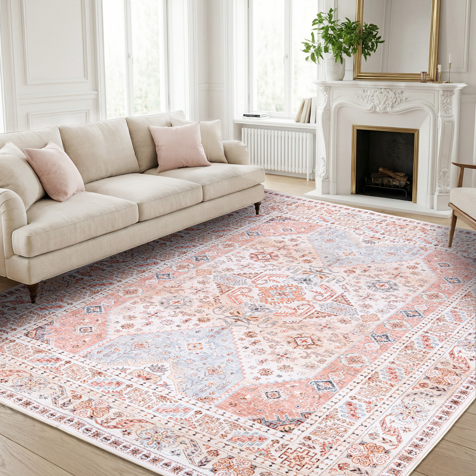 thumbnail video image 2 of Wondiair 8'x10' Cream Persian Floral Area Rug Carpet, Machine Washable Non-Slip for Living Room & Bedroom, 2 of 8