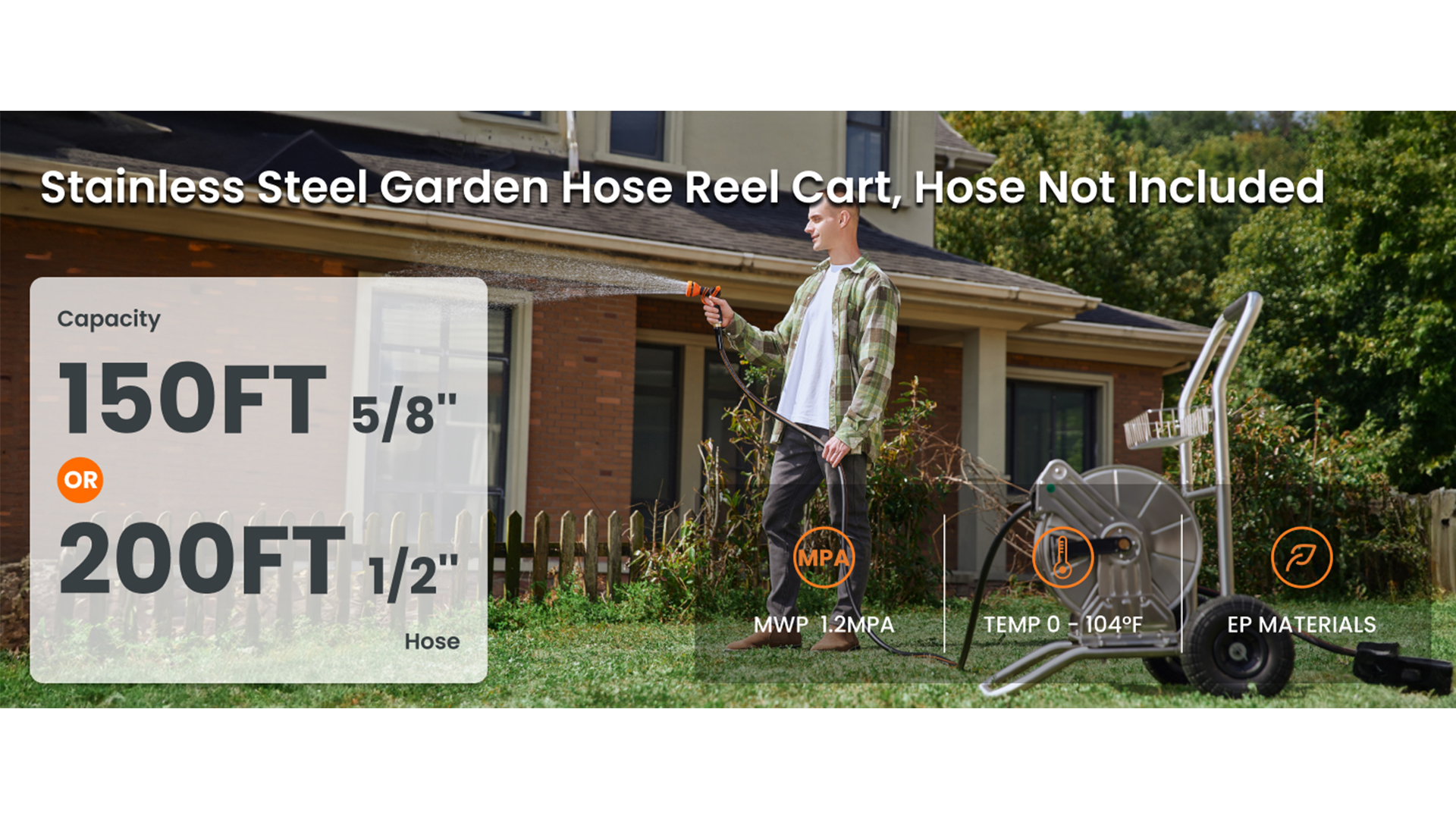 thumbnail video image 2 of Giraffe Tools Stainless Steel Garden Water Hose Reel Cart with Wheels Heavy Duty, 2 of 9