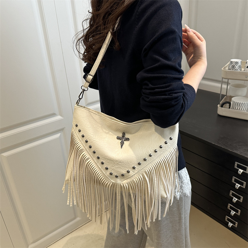 thumbnail video image 2 of Sunyuer Fringe Purses for Women, Vintage PU Leather Tassel Purse Hobo Bag, Gothic Punk Studded Crossbody Bag Shoulder Bag, 2 of 11