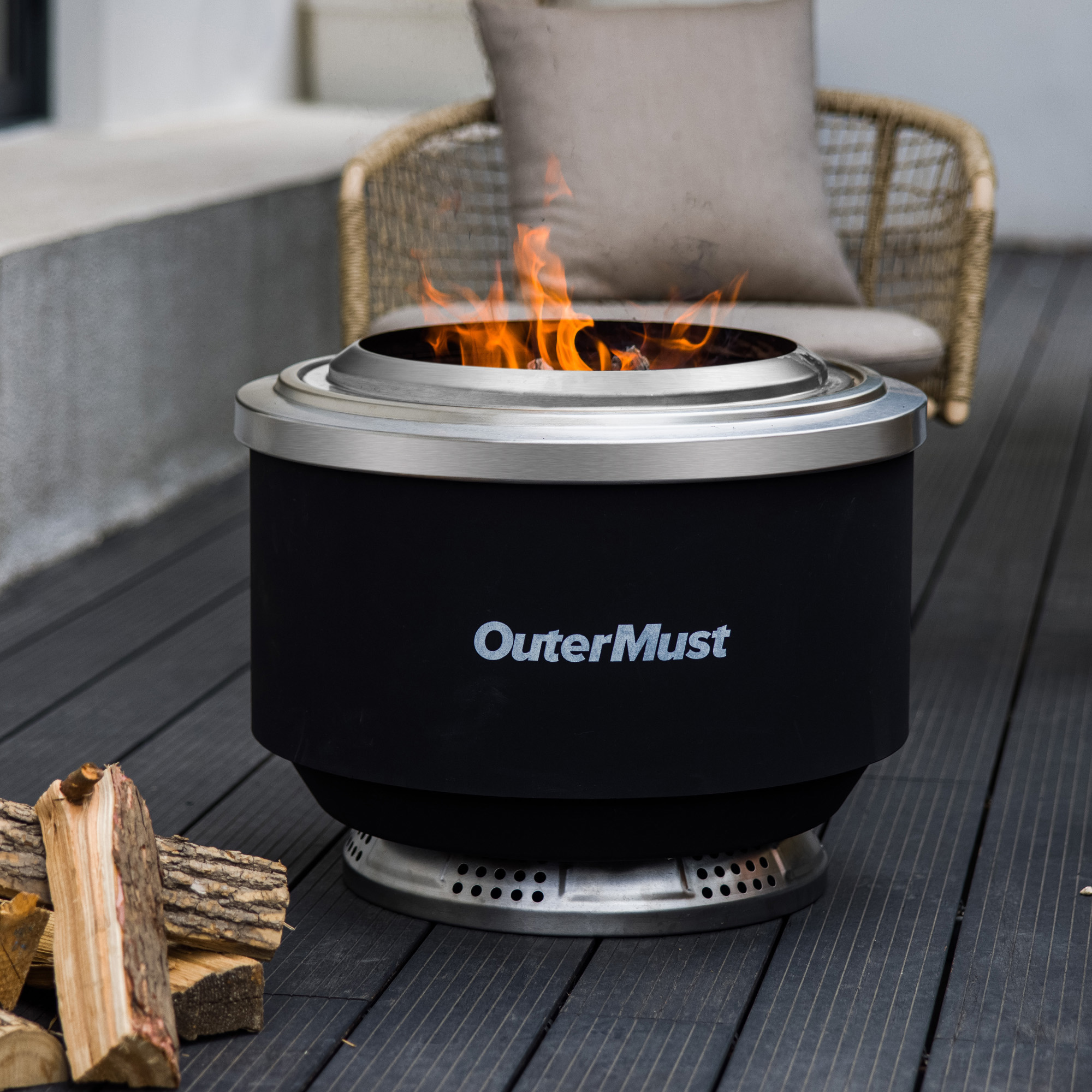 thumbnail video image 2 of OuterMust 24\"Stainless Steel Smokeless Fire Pit Wood Burning Fireplace with Protective Insulation Stand and Ash Pan for 5-7 Persons, 2 of 8