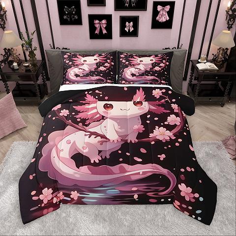 thumbnail video image 2 of Homewish Cartoon Animal Axolotl Full Size Comforter Sets,Sakura Cherry Blossom Bedding Comforter Set,Pink Black Bedding Sets,For Teens,Microfiber Bedroom Decor Reversible,3pcs, 2 of 9