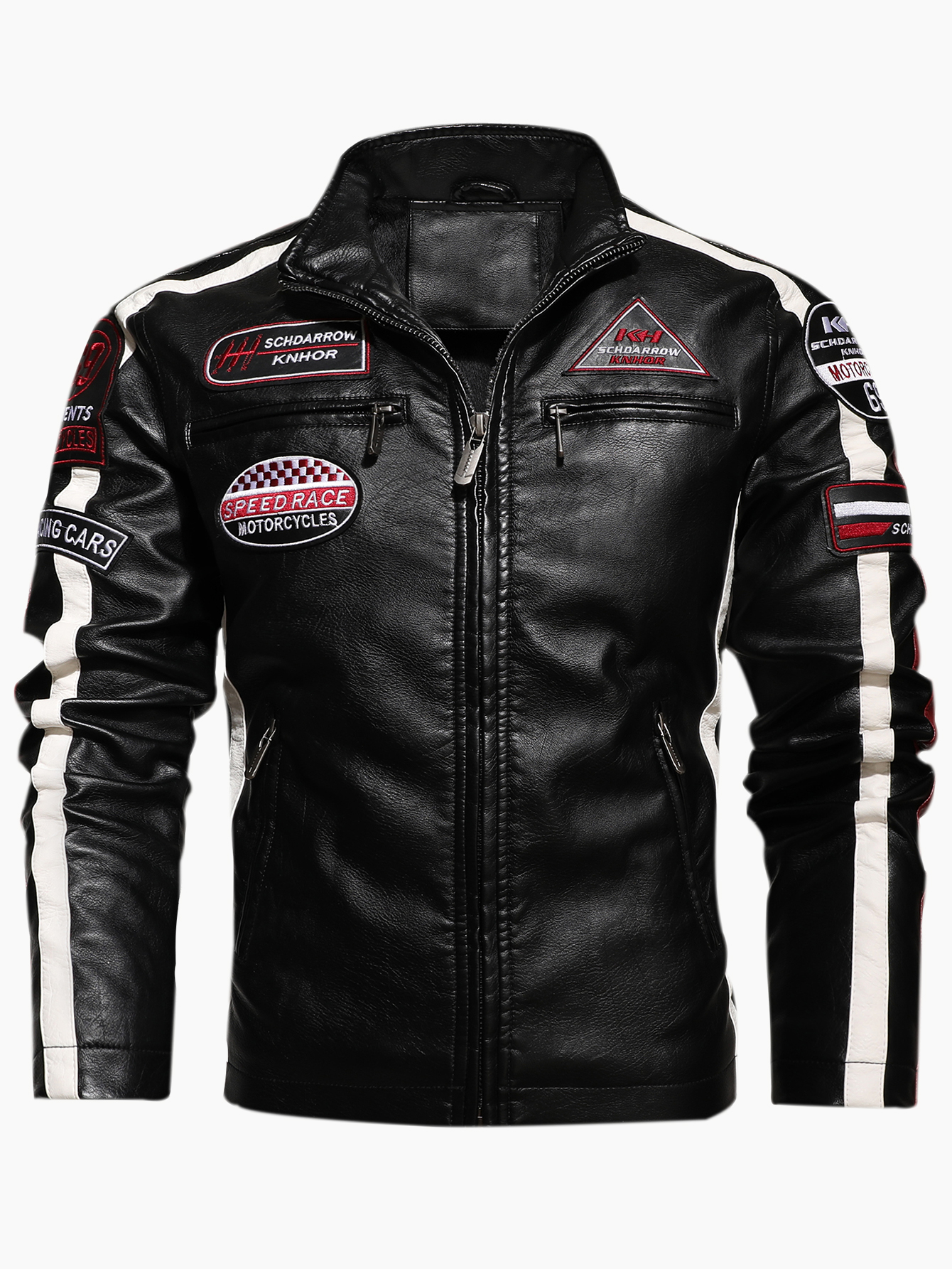 thumbnail video image 2 of Men's PU leather jacket plus velvet label contrast color coat motorcycle racing suit, 2 of 8