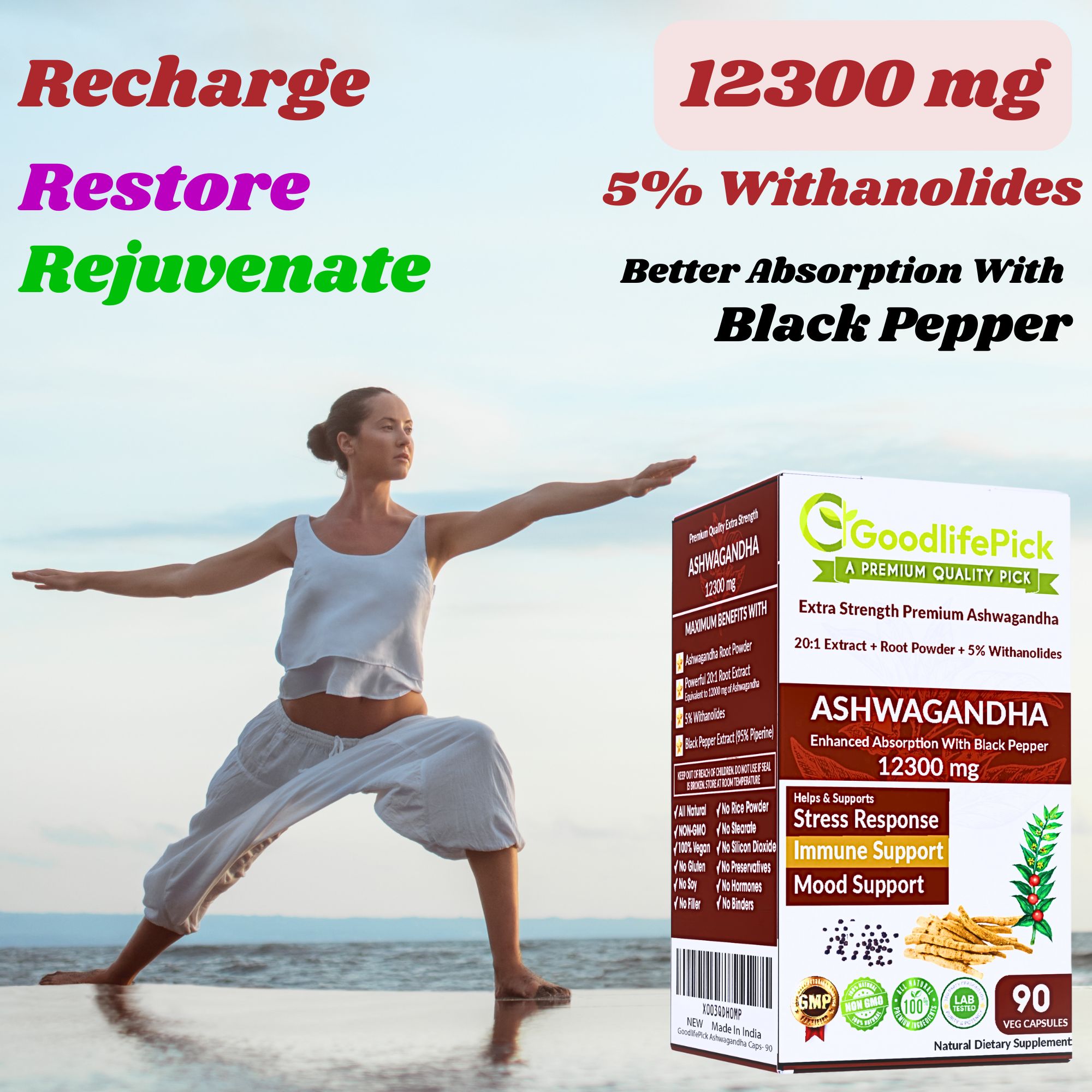 thumbnail video image 2 of GoodlifePick Ashwagandha Extract Capsules 12300mg with Black Pepper Vegan Gluten-Free 90 Count, 2 of 9