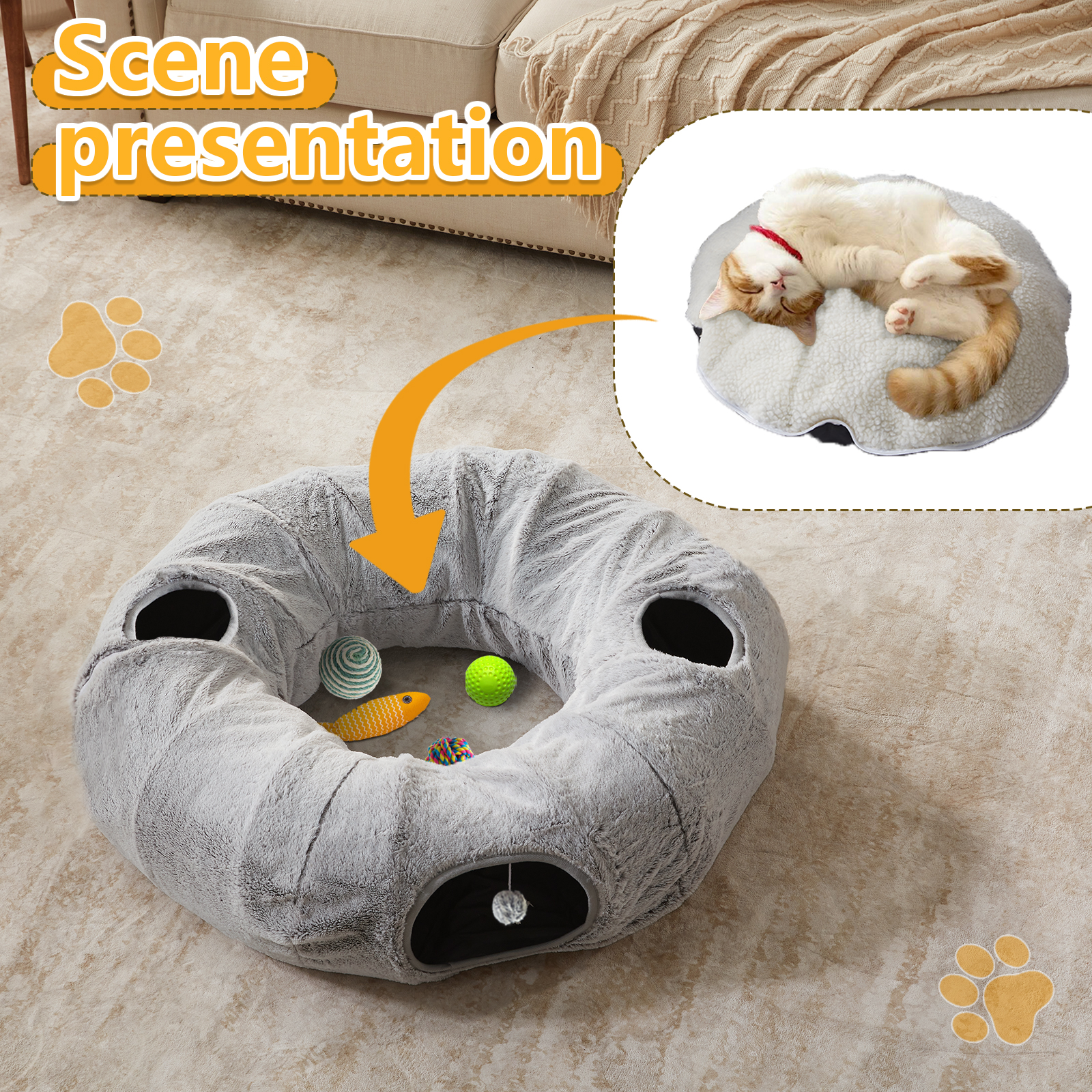 thumbnail video image 2 of Windracing Cat Tunnel Donut Bed, Round Plush Pet Play Tunnel with Washable Cushion for Indoor Cats, Kittens, Puppies & Rabbits (Grey), 2 of 8