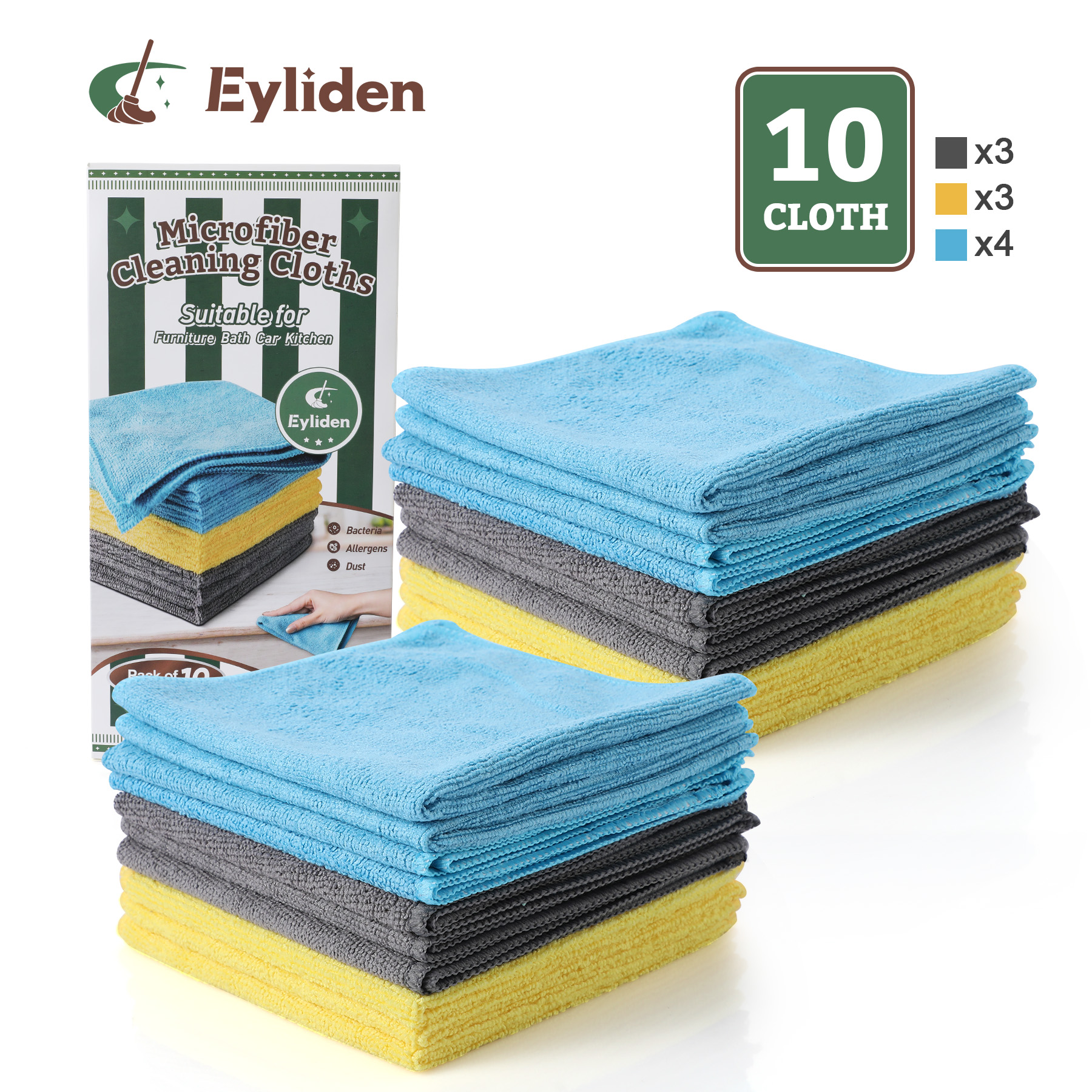 thumbnail video image 2 of Eyliden Microfiber Cleaning Cloths Wipe for Kitchen, Car Clean, Washable, Pack of 10, Size:12.6" x 12.6", Blue, Yellow, Gray, 2 of 8