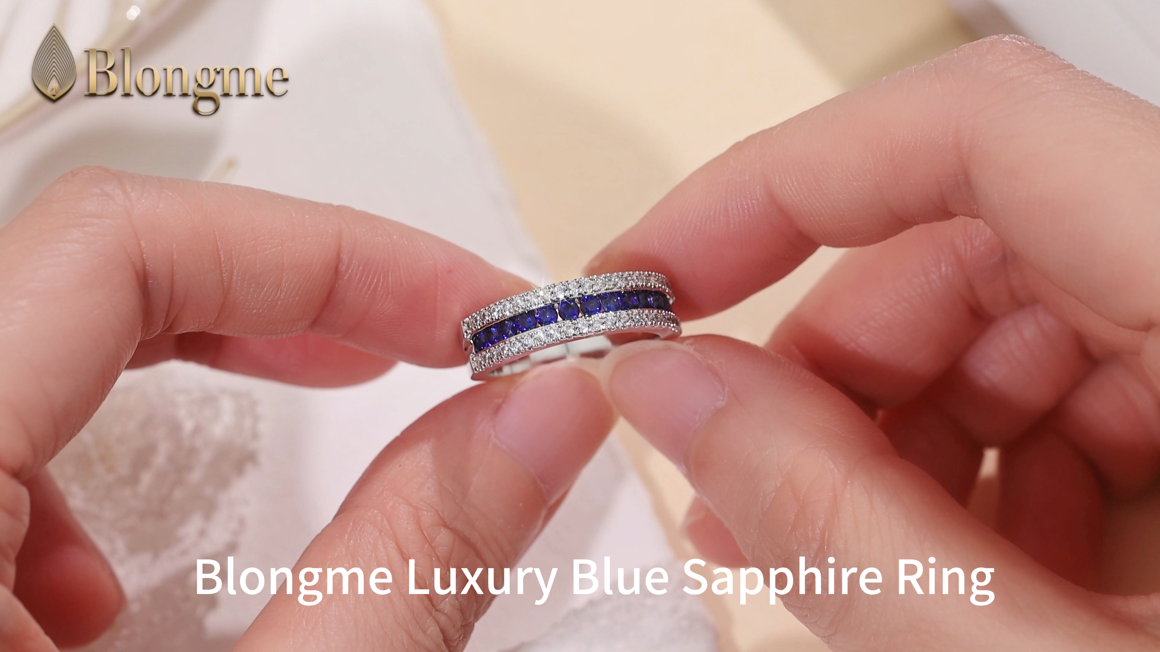 thumbnail video image 2 of Blongme Wedding Bands for Women 1.0ct Blue Sapphire September Birthstone Eternity Rings Round White Cubic Zirconia Size 9.5, 2 of 11
