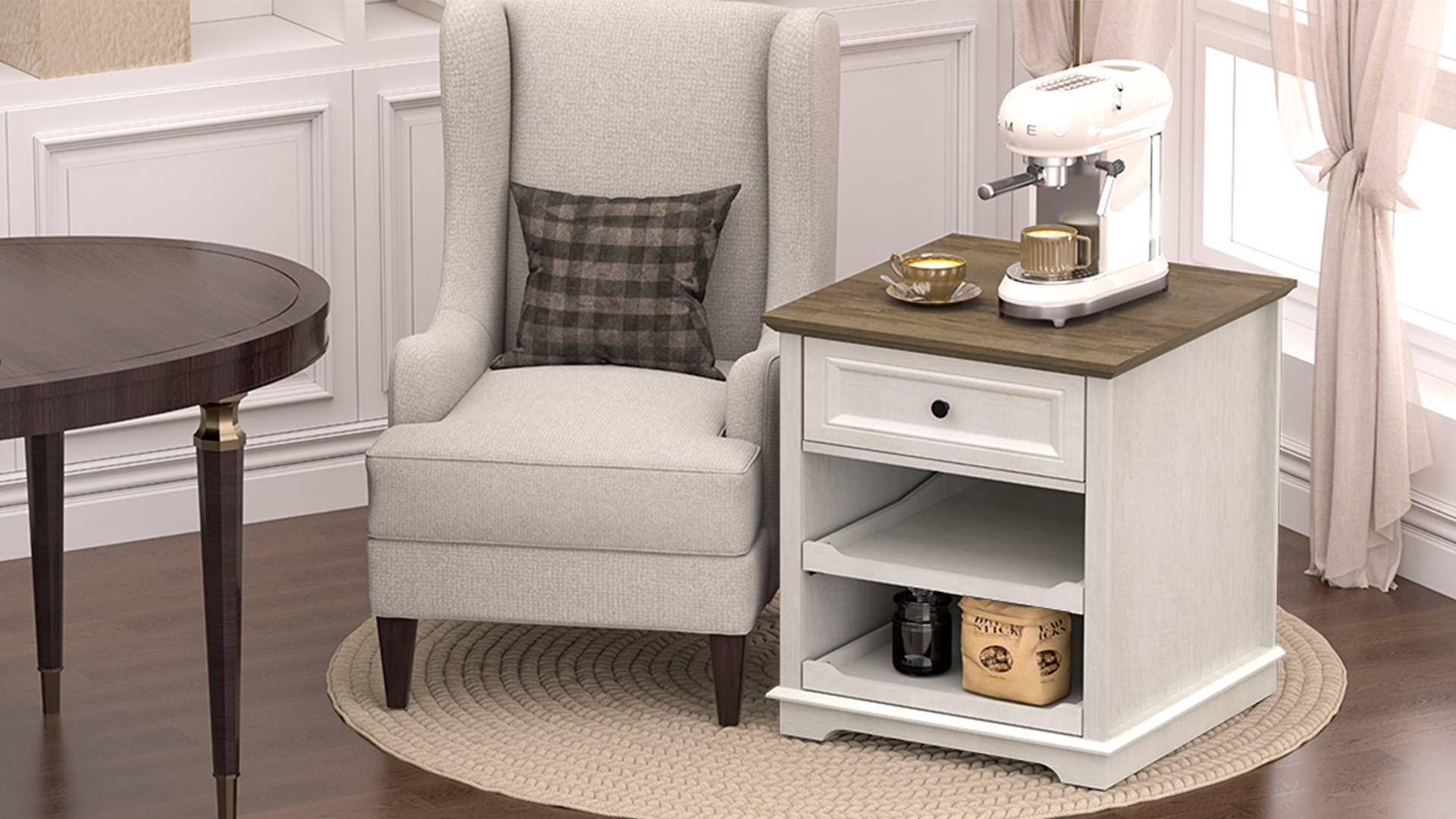 thumbnail video image 2 of FAGAGA End Table with Charging Station, Side Table with Drawer for Living Room, Wooden Nightstand with Storage for Bedroom, Dorm, Office | Cherry, 2 of 12