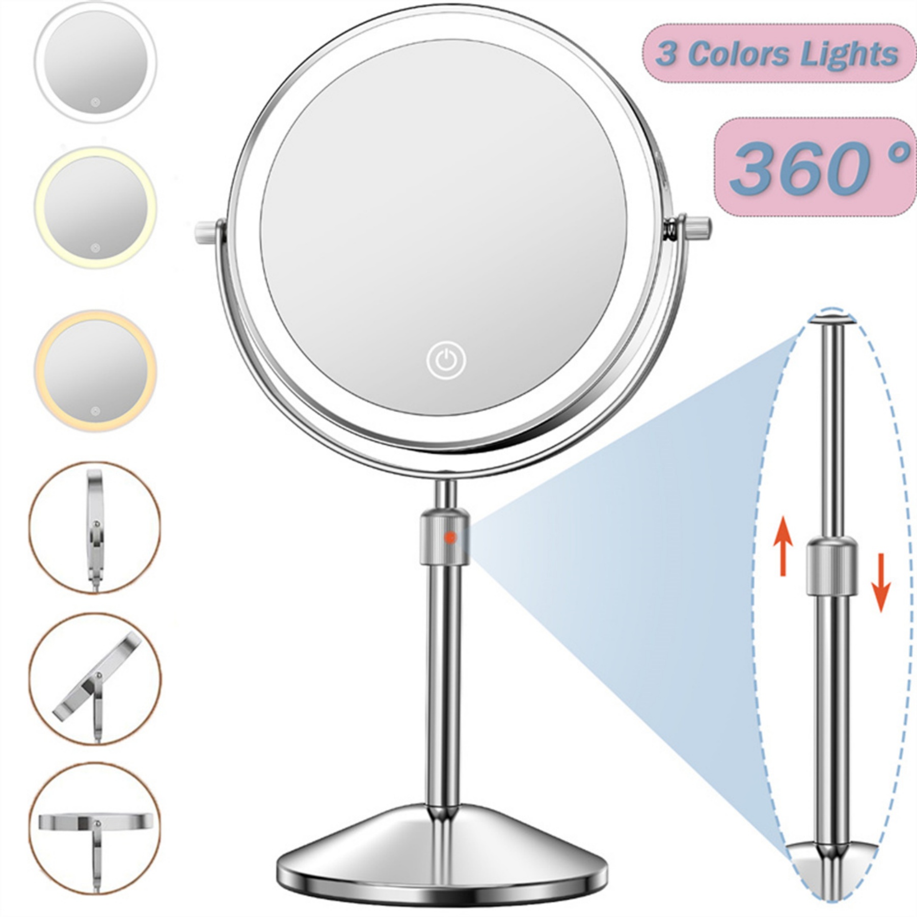 thumbnail video image 2 of 7in Lighted Makeup Mirror, 1500 mAh Rechargeable，Double Sided Magnifying Vanity Mirror with 3 Colors, 1x/10x, 360° Rotation , Brightness Adjustable Magnification Cosmetic Light up Mirror, Women Gift, 2 of 10