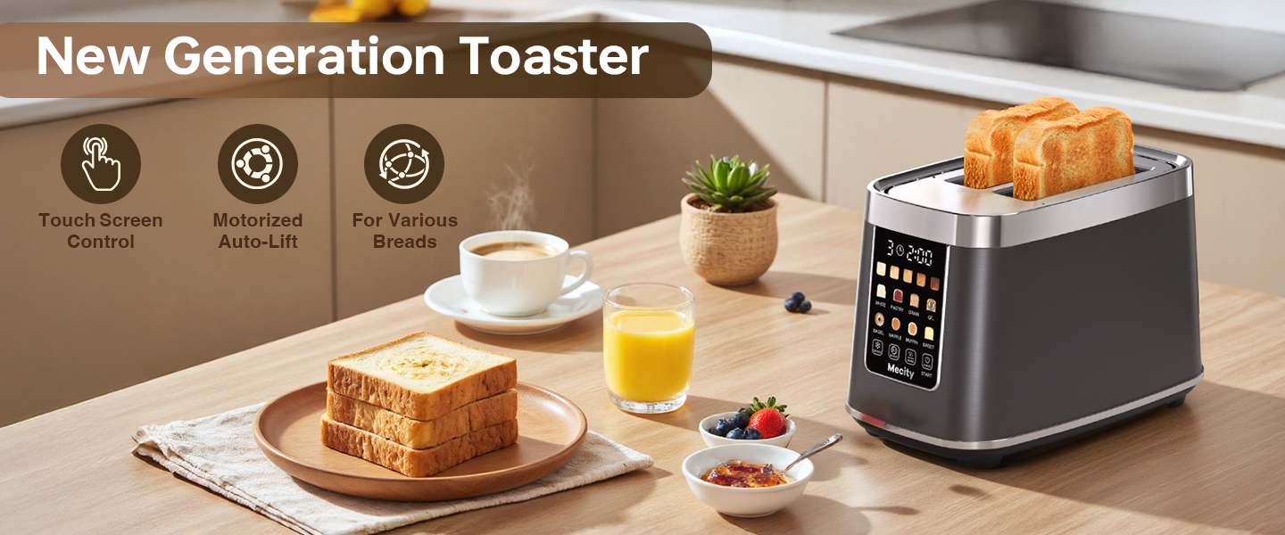 thumbnail video image 2 of Mecity Touch Screen Toaster with Automatic Lift & Keep Warm – 2 Slice Smart Toaster, 5 Browning Levels, 8 Bread Programs, Luxury Stainless Steel Design, 1200W, Metallic Grey, 2 of 12
