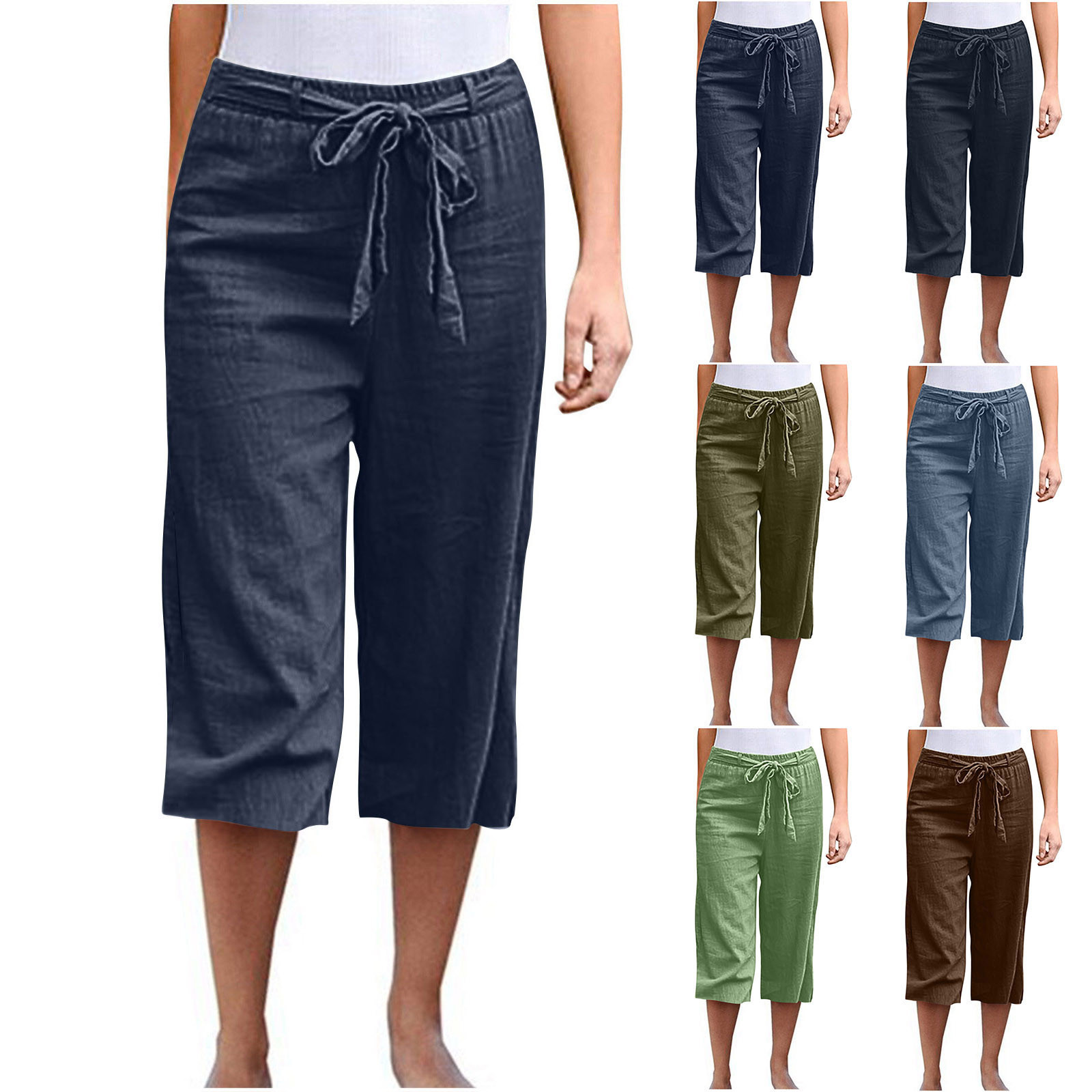 thumbnail video image 2 of WREESH Womens Capri Pants Casual Solid Color Cropped Trousers Bandage Pockets Elastic Waist Comfortable Straight Pants Green, 2 of 7