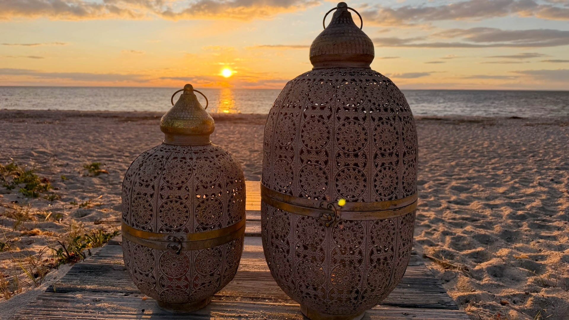 thumbnail video image 2 of Moroccan Metal Temple Lanterns, Luxury Floor Hurricanes, Set of 2, For LED or Wax Candles, Sealed Iron, Antiqued Patina, Hinged Top, 25.5 and 17.75 Inches Tall, Global Chic Collection, 2 of 13