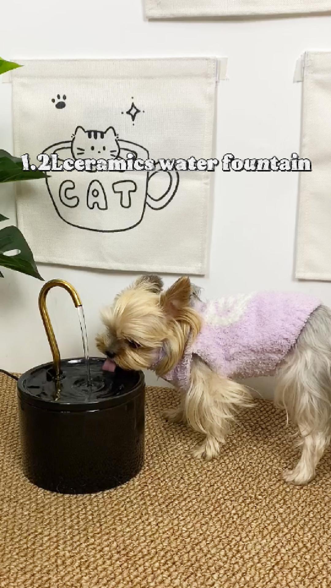 thumbnail video image 2 of FURCLAN Ceramic Cat Water Fountain ,2 Filters 1.2L/41oz for Cats and Puppies, Black, 2 of 12