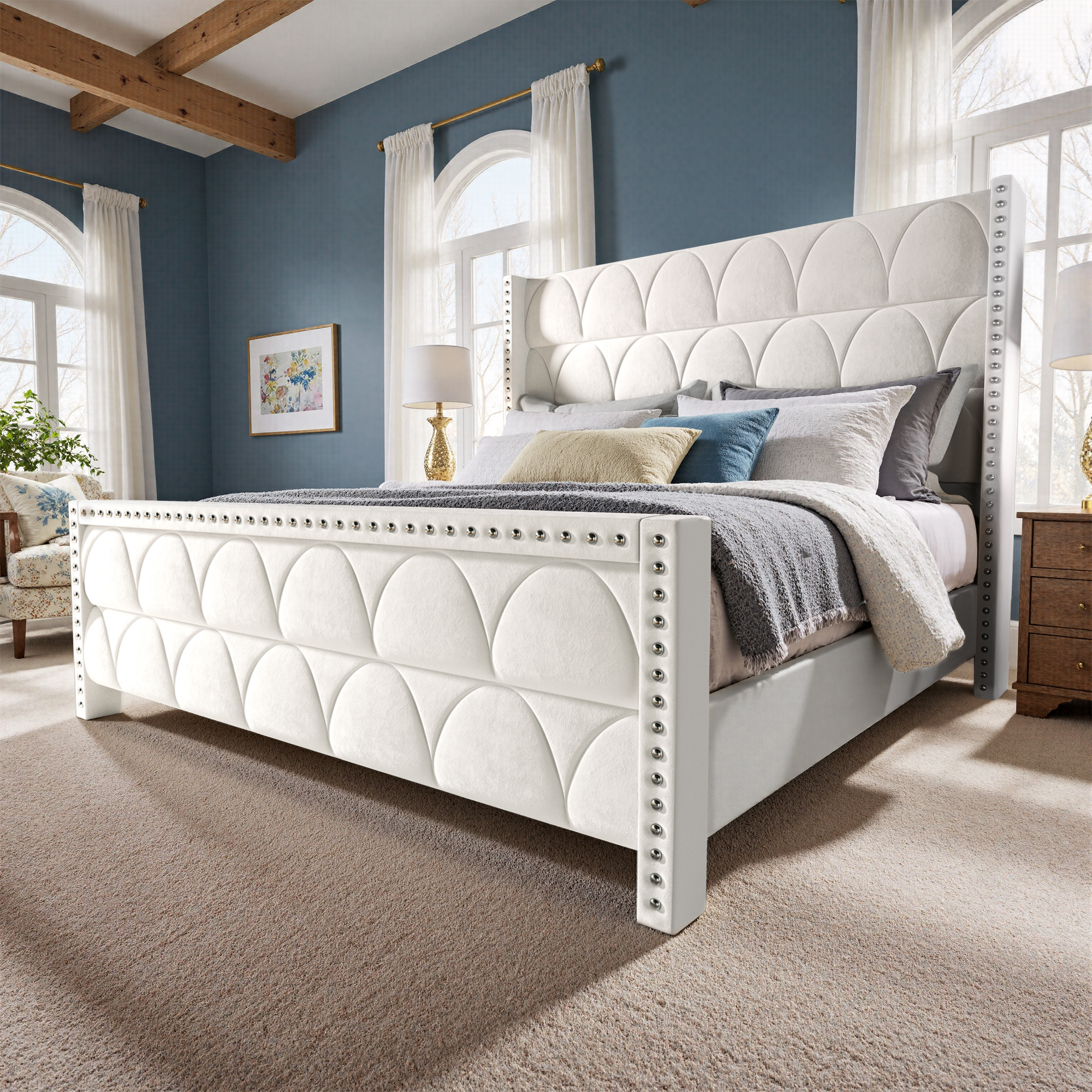 thumbnail video image 2 of 56" Velvet Upholstered Bed Frame with Wingback Headboard, Nailhead Trim, Wood Slat Support, No Box Spring Required, 2 of 10