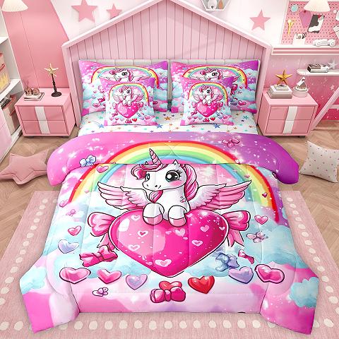 thumbnail video image 2 of Homewish Cute Cartoon Unicorn 7-Piece Twin Bedding Sets,3D Loves Bowtie Bedding Comforter Set,Fairy Tale Theme Sheet Sets For Girls Kids,Super Cozy Room Decor Reversible, 2 of 9