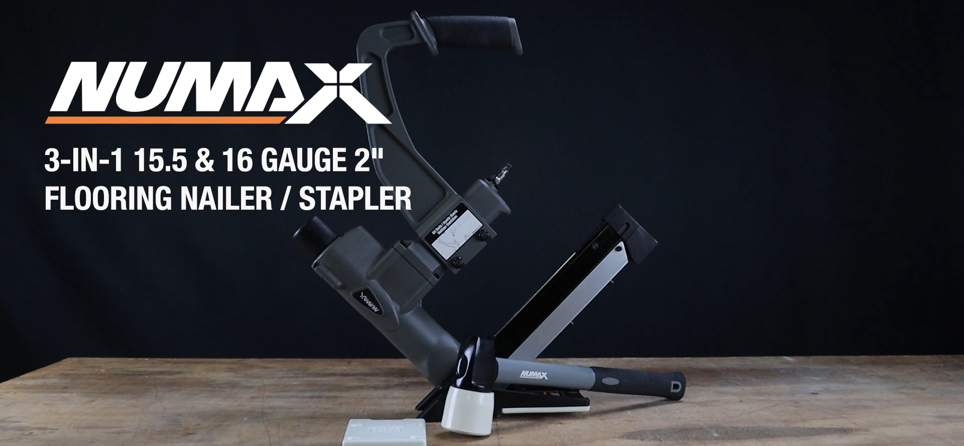 thumbnail video image 2 of NuMax SFL618 Pneumatic 3-in-1 15.5-Gauge and 16-Gauge 2" Flooring Nailer / Stapler with Flooring Mallet and Interchangeable Base Plates, 2 of 7